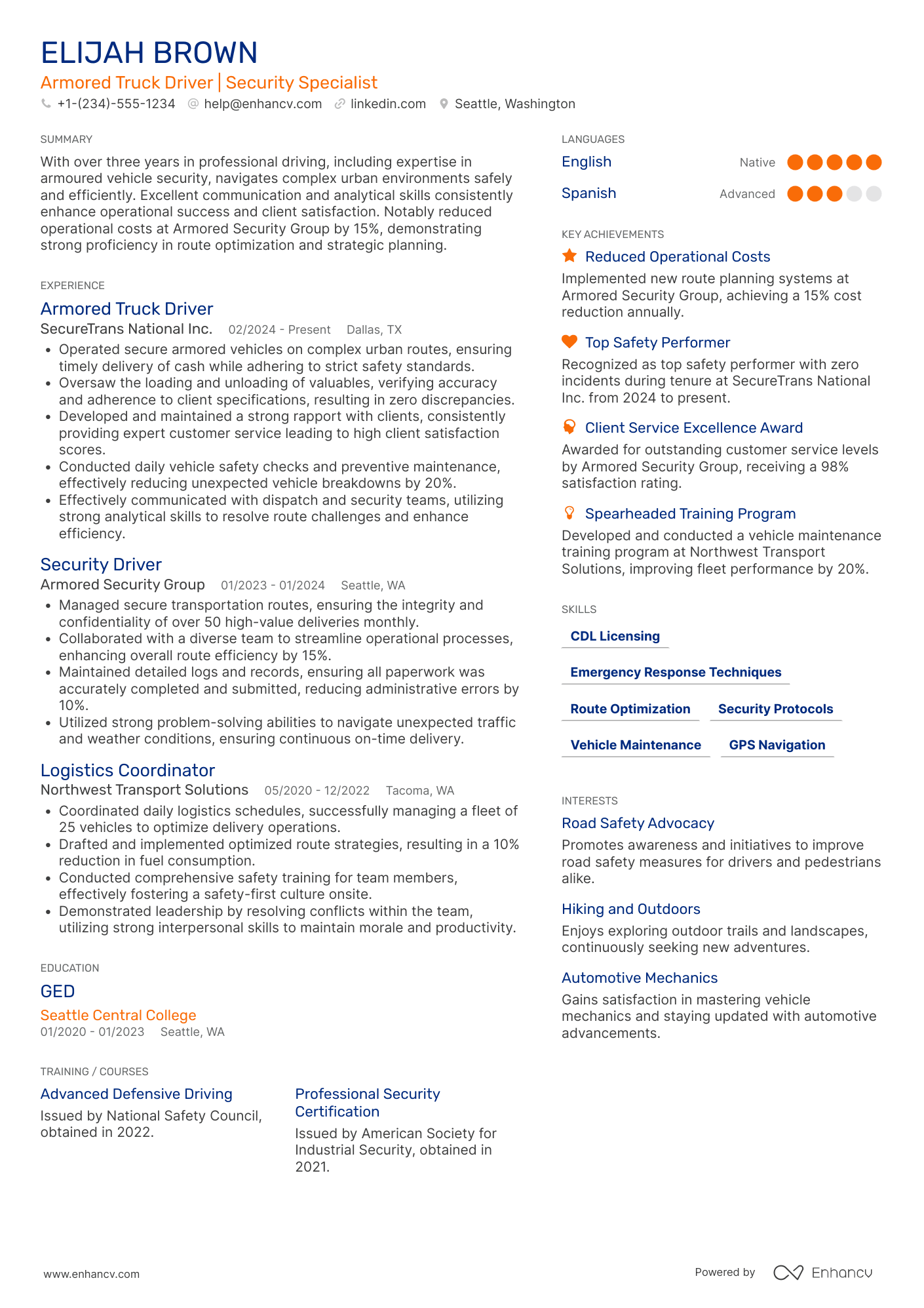 A resume example of a Armored Truck Driver