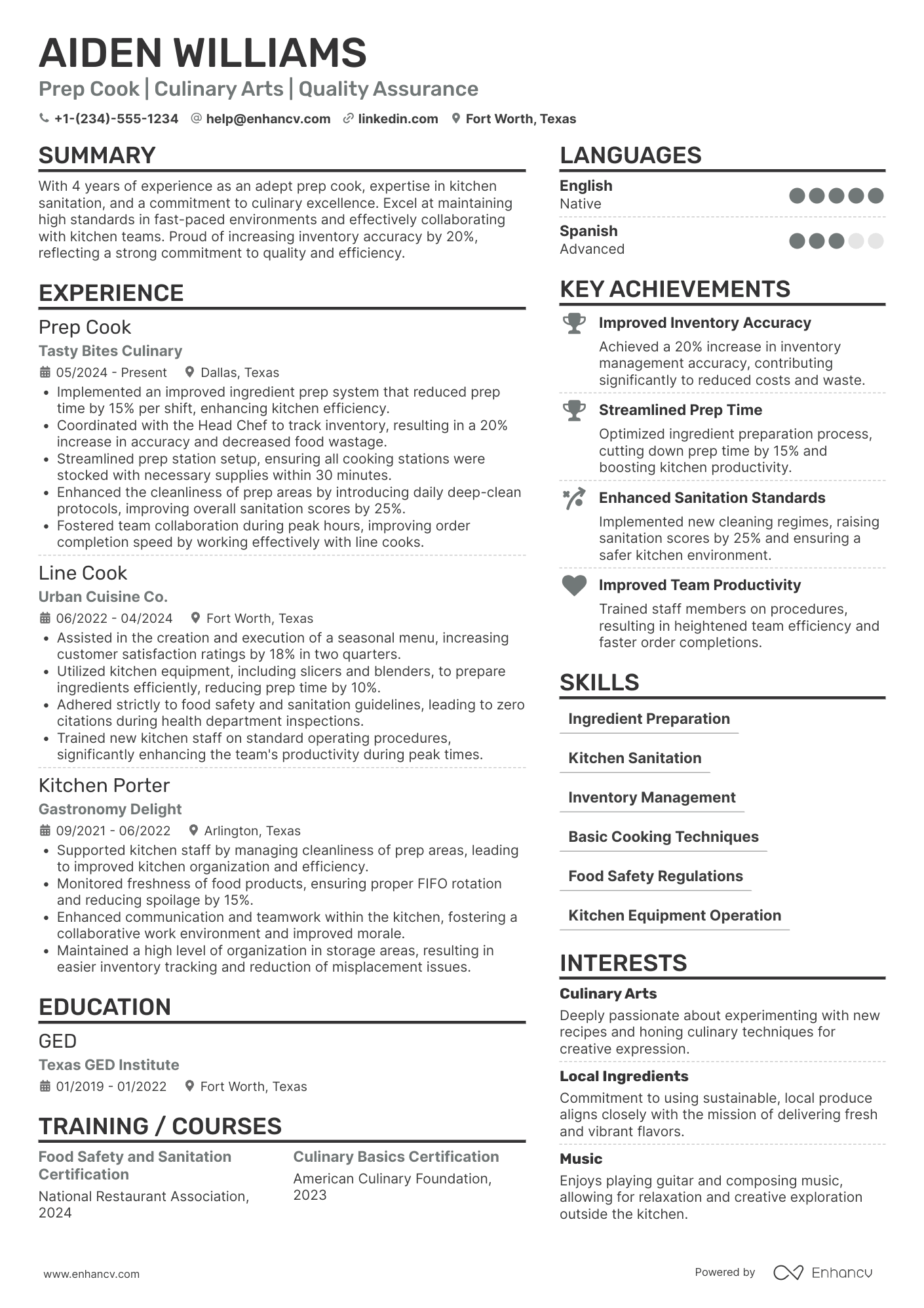 A resume example of a Full Time Prep Cook
