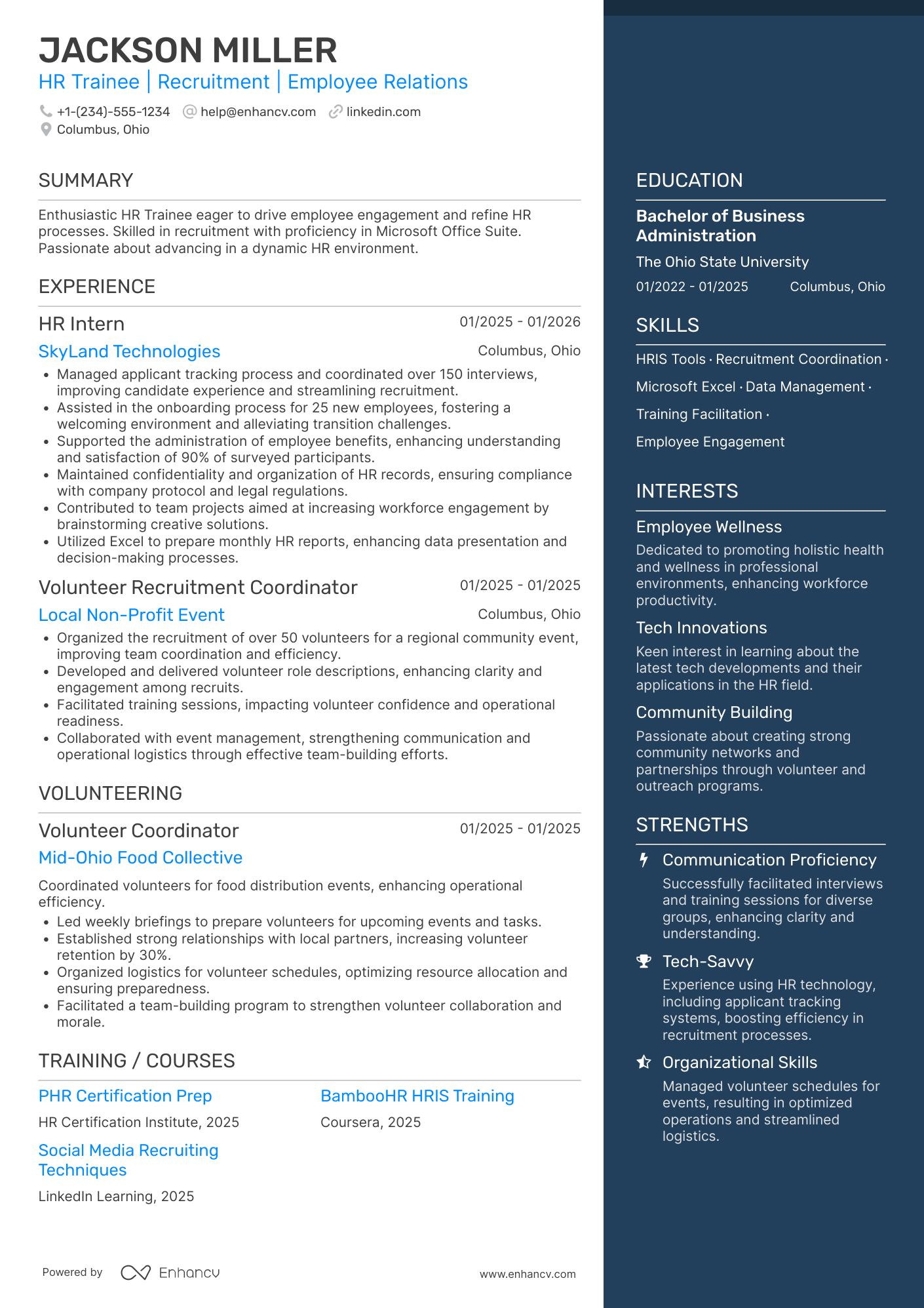 A resume example of a HR Generalist Trainee