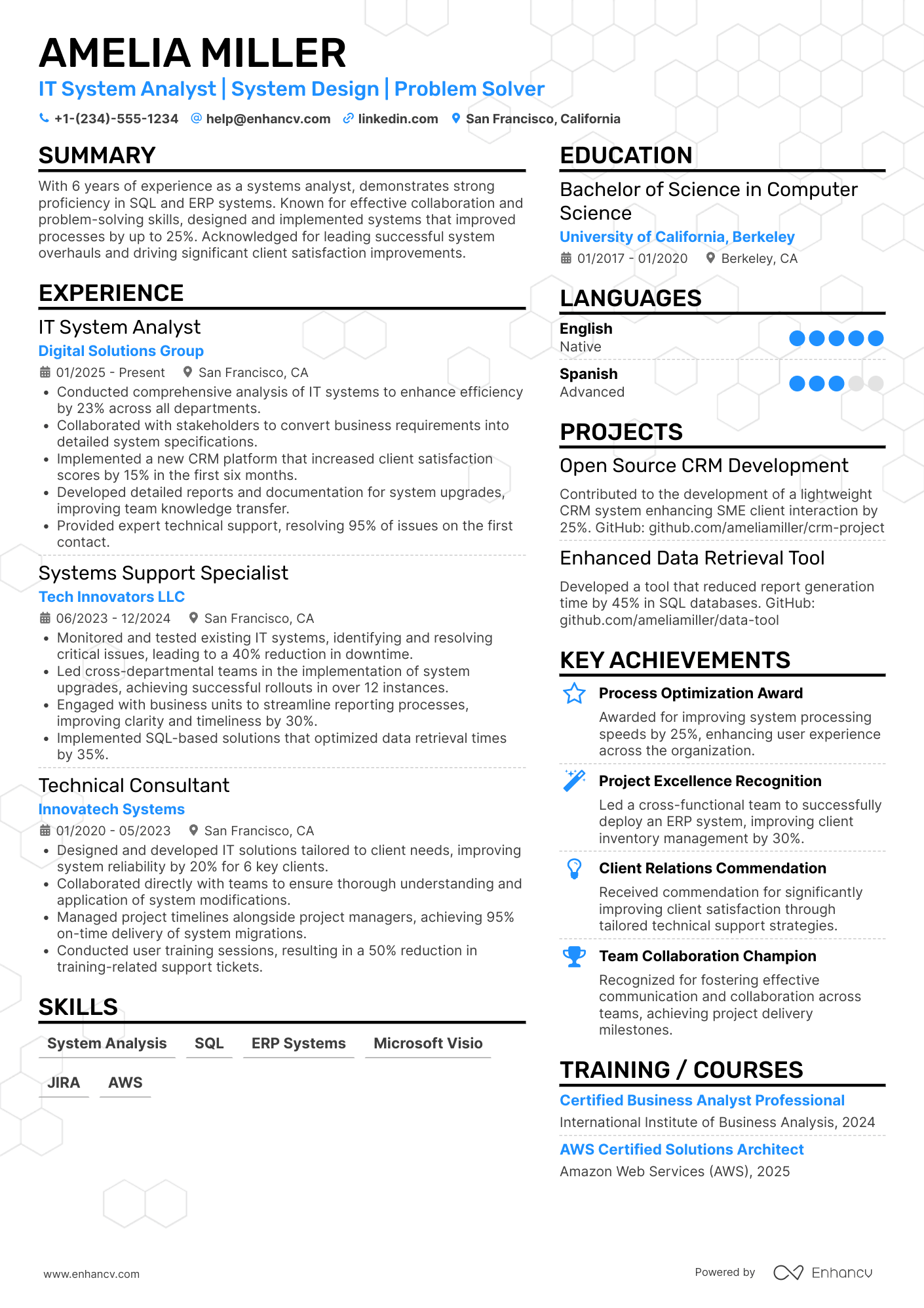 A resume example of a IT System Analyst