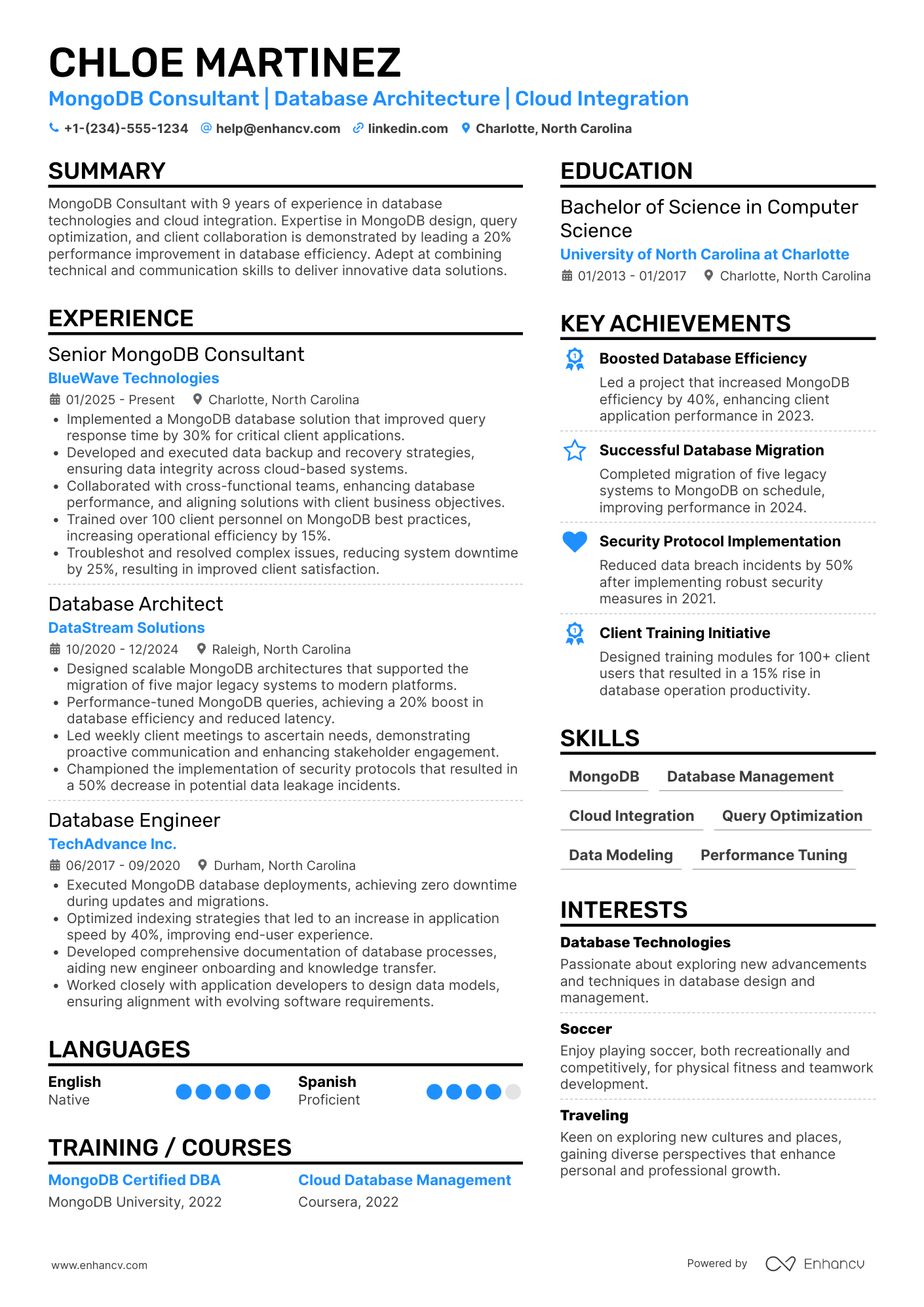 A resume example of a MongoDB Consultant