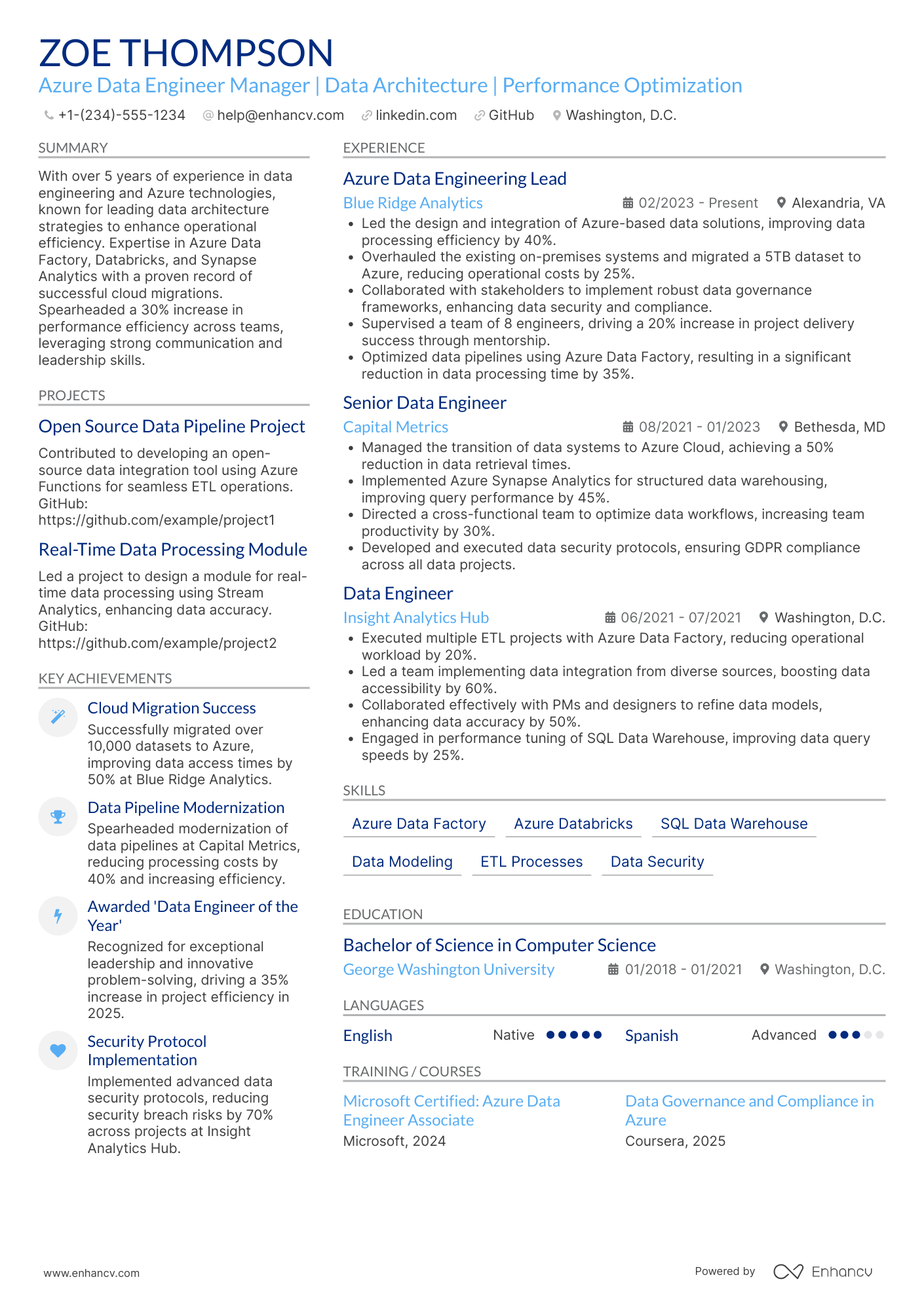 A resume example of a Azure Data Engineer Manager