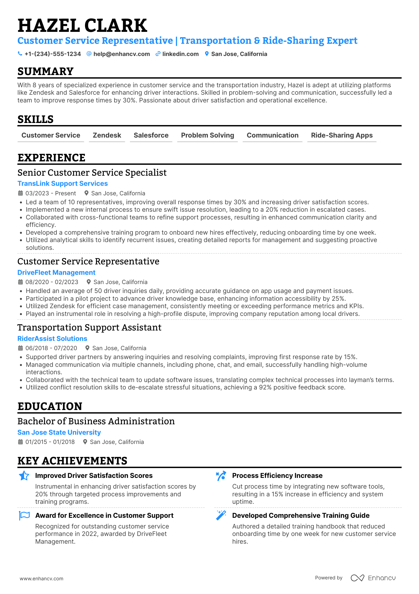 A resume example of a Uber Driver Customer Service Representative