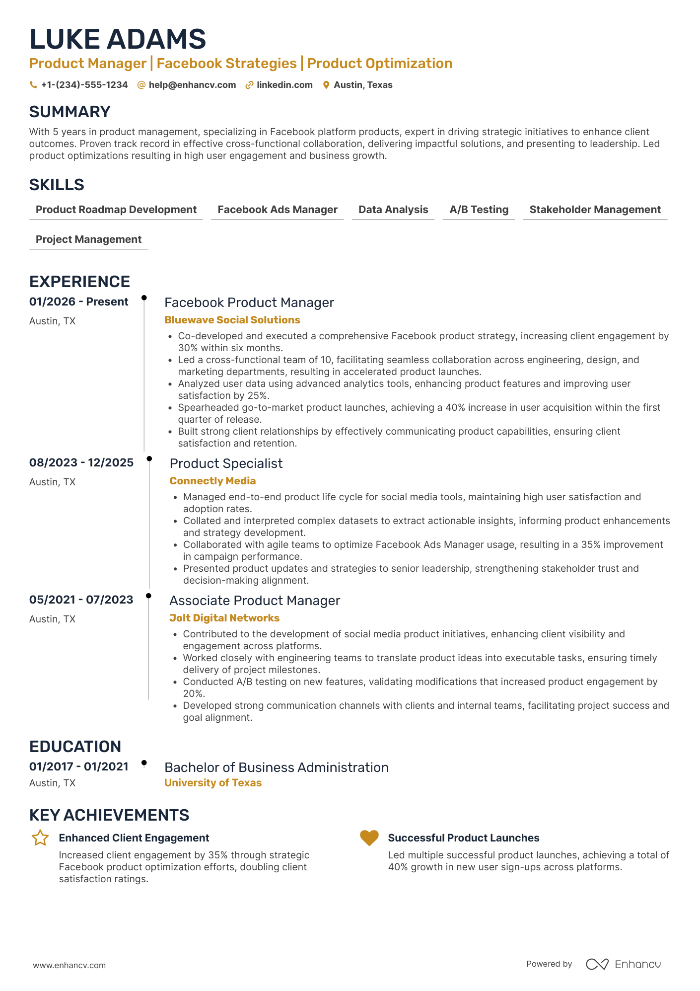 A resume example of a Facebook Product Manager