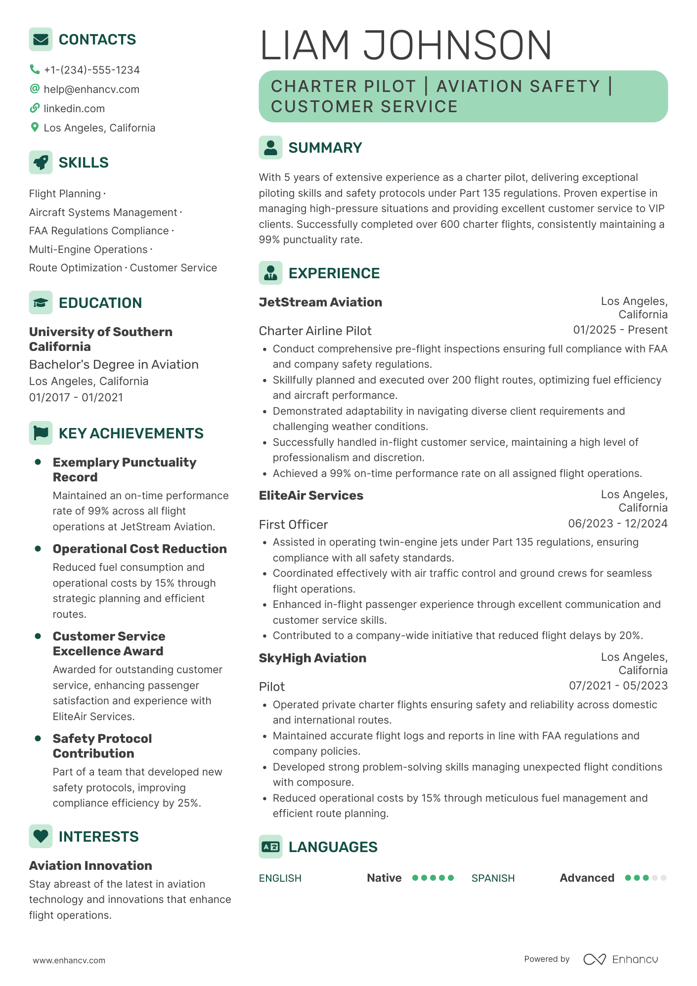 A resume example of a Charter Airline Pilot