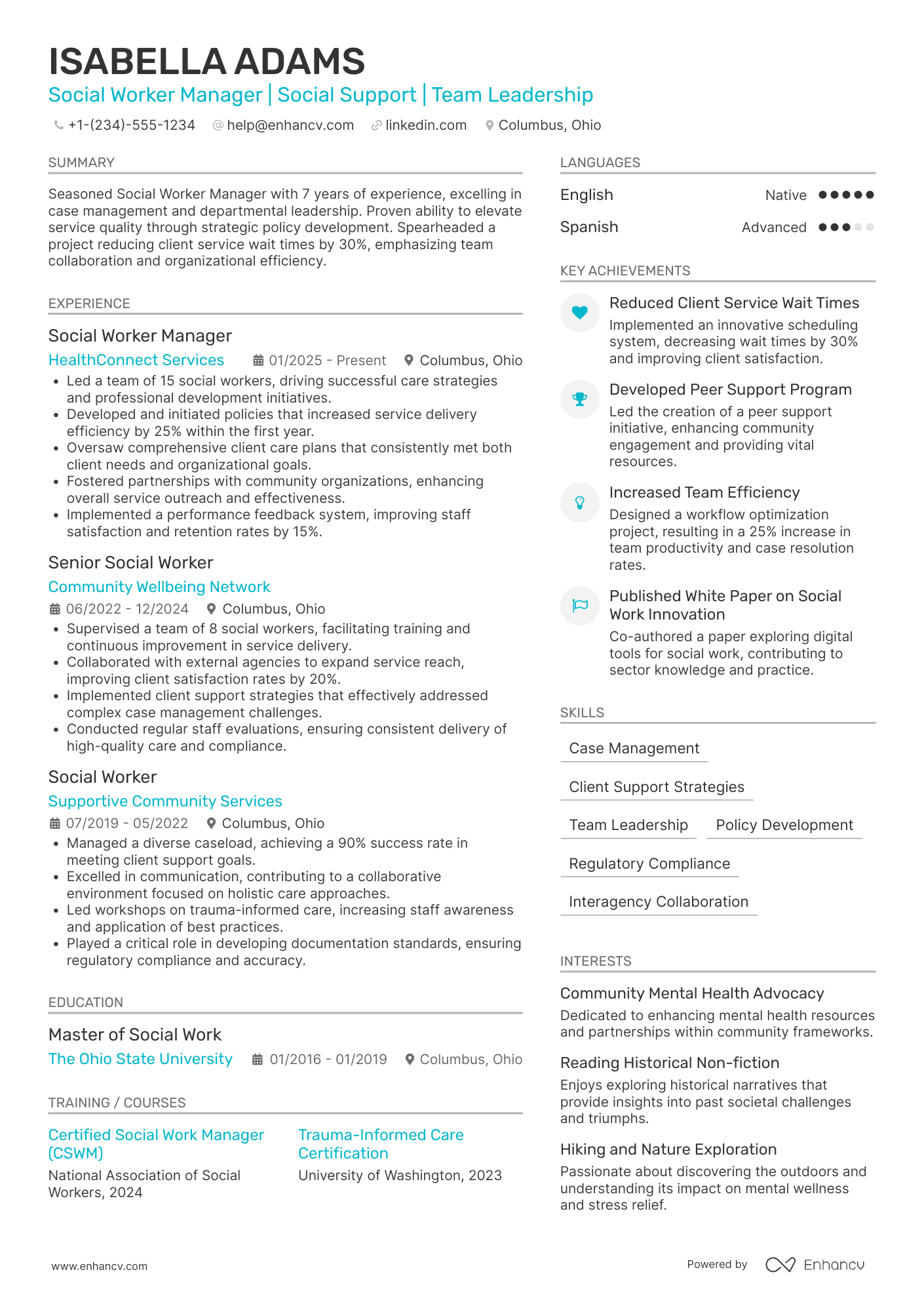A resume example of a Social Worker Manager