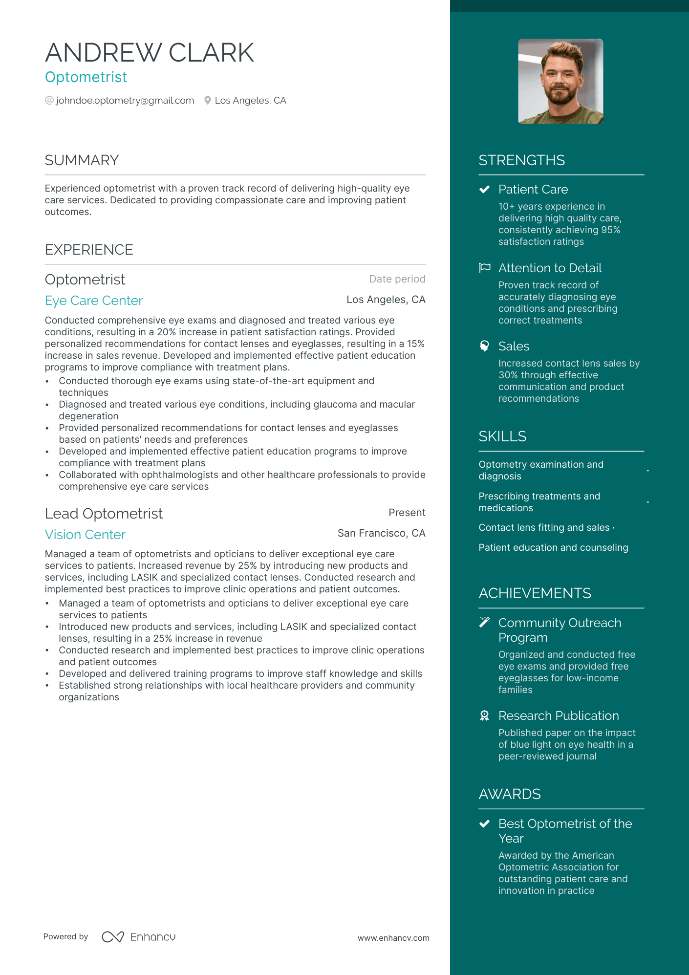 A resume example of a Optometry