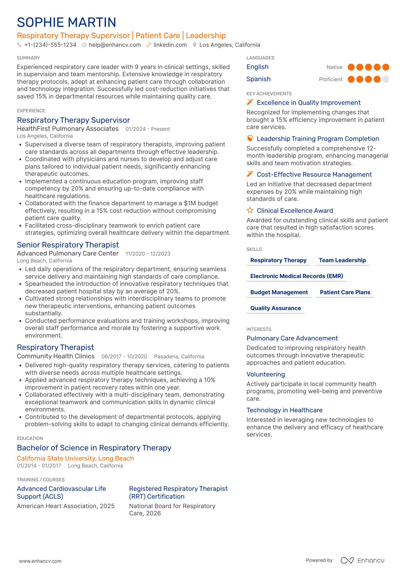 A resume example of a Respiratory Therapy Supervisor