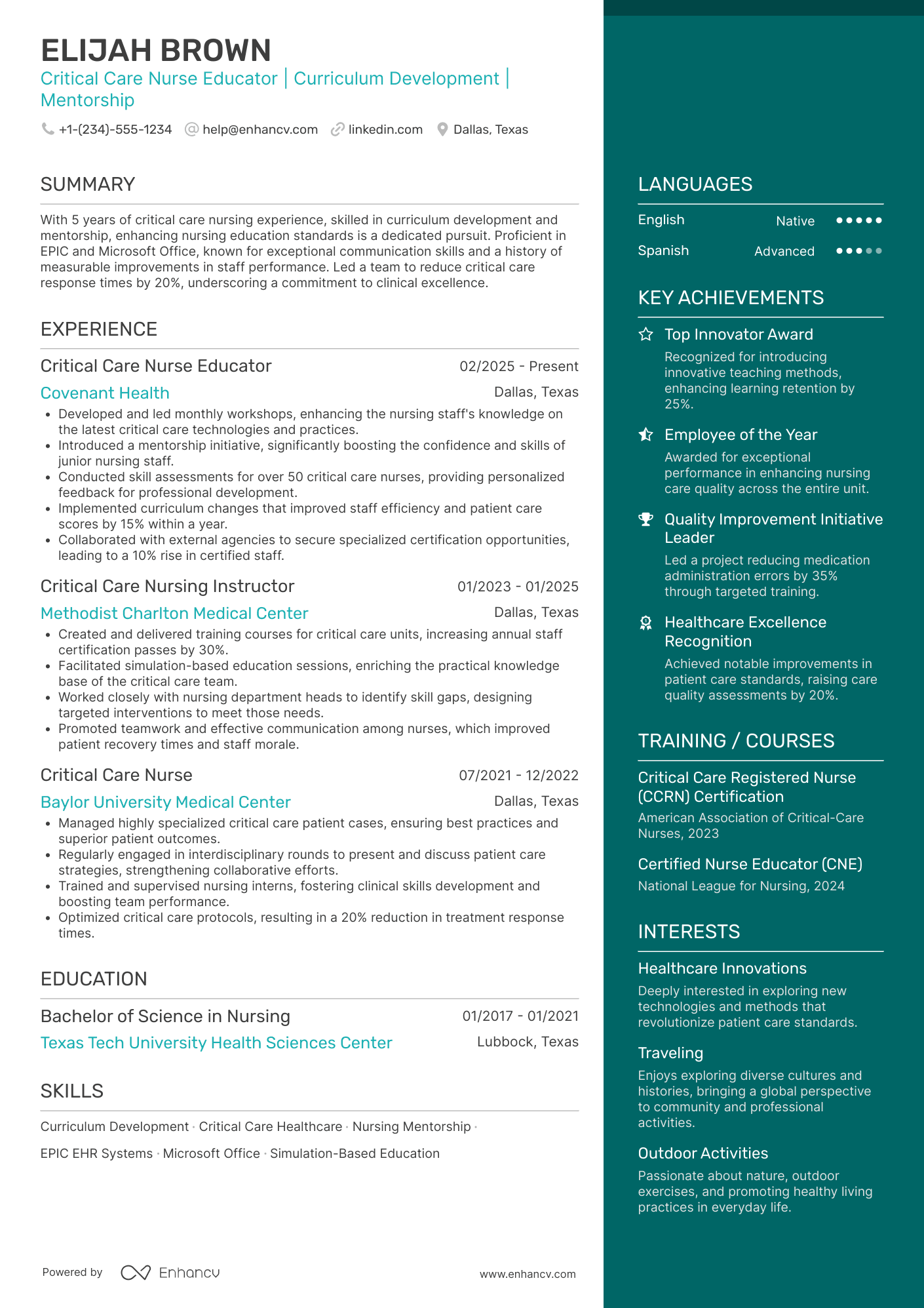 A resume example of a Critical Care Nurse Educator