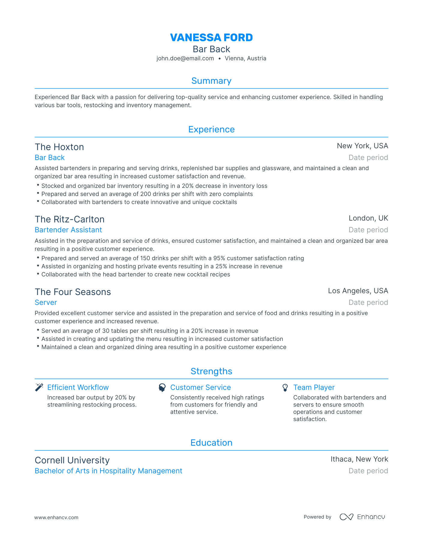 Traditional Bar Back Resume Template