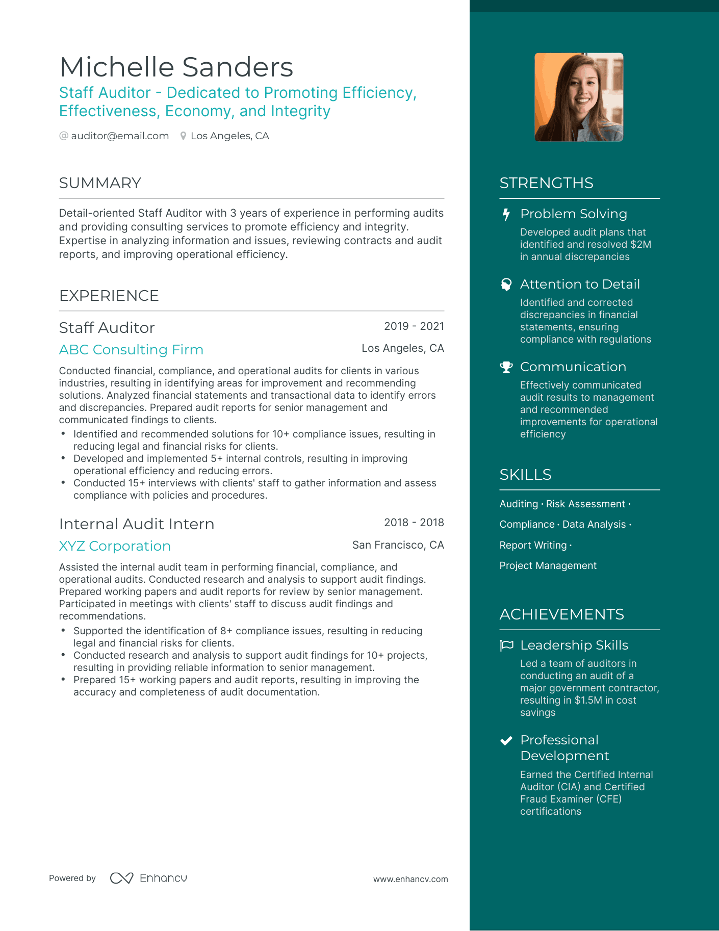 One Page Staff Auditor Resume Template