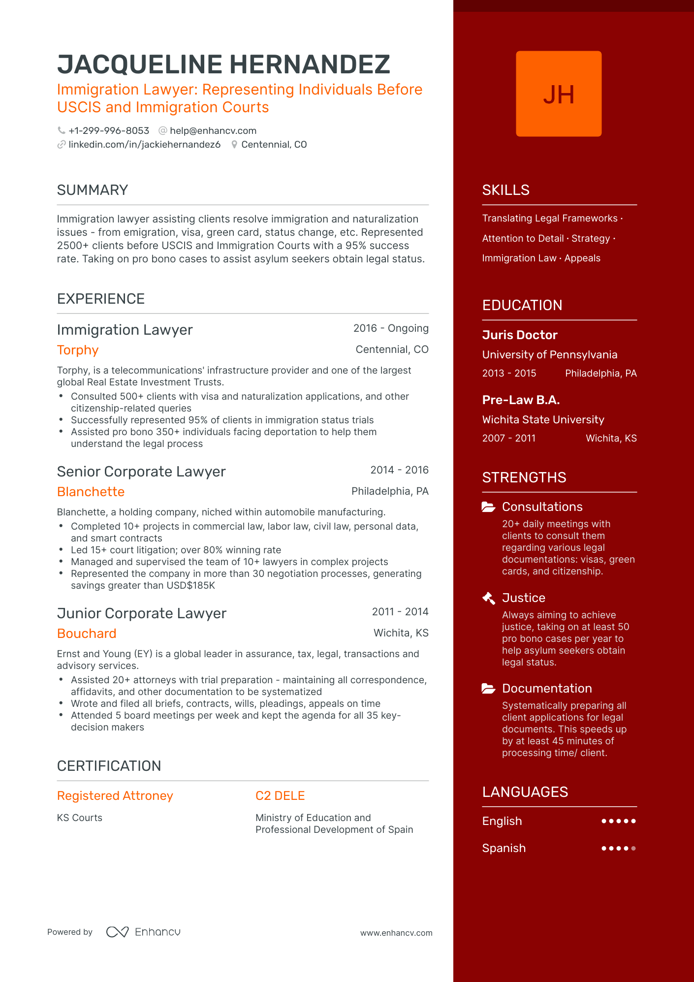 One Page Immigration Lawyer Resume Template