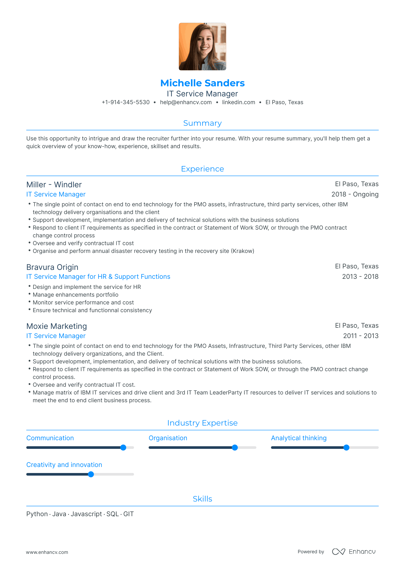 Traditional IT Service Manager Resume Template