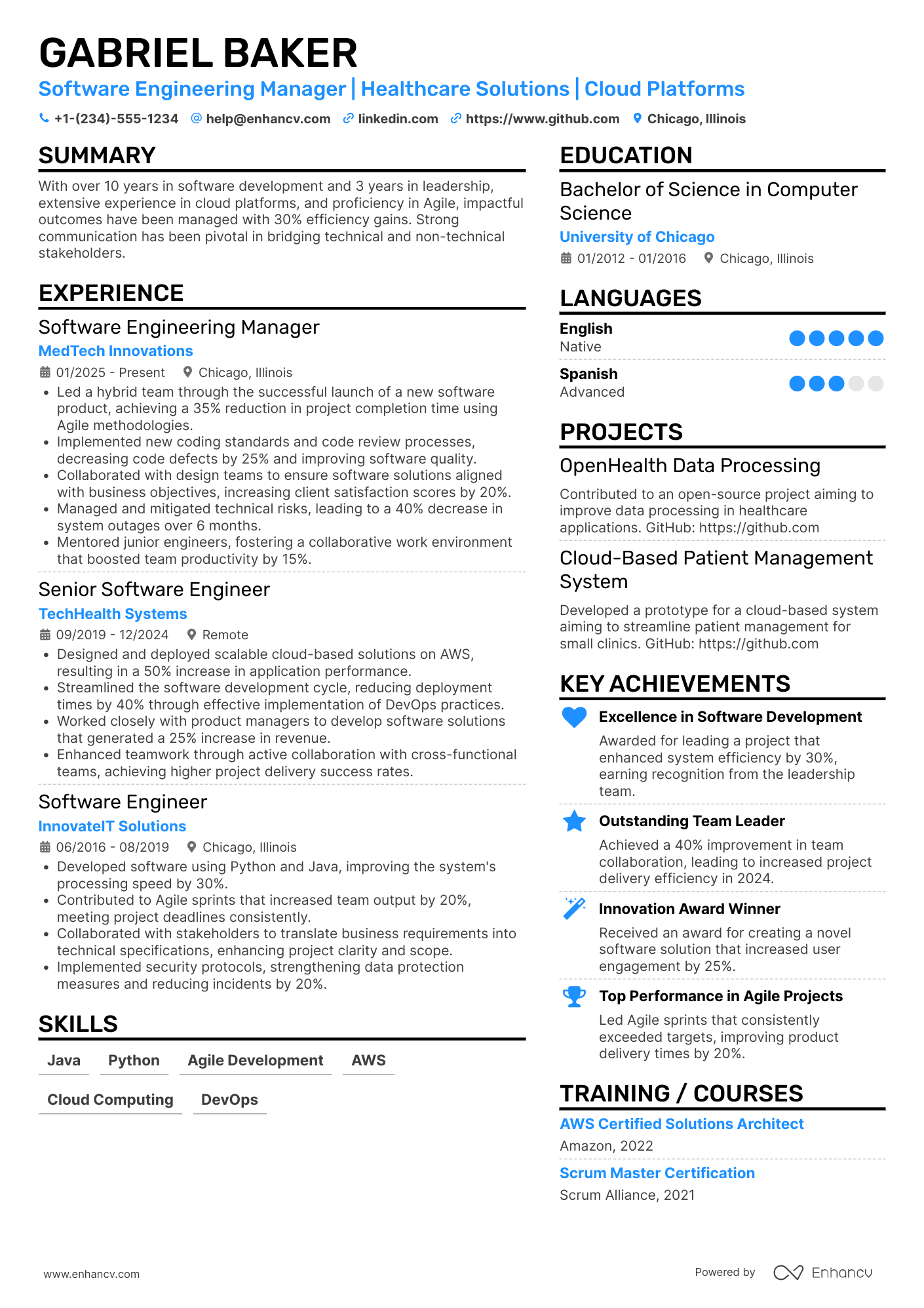 A resume example of a Software Engineering Manager