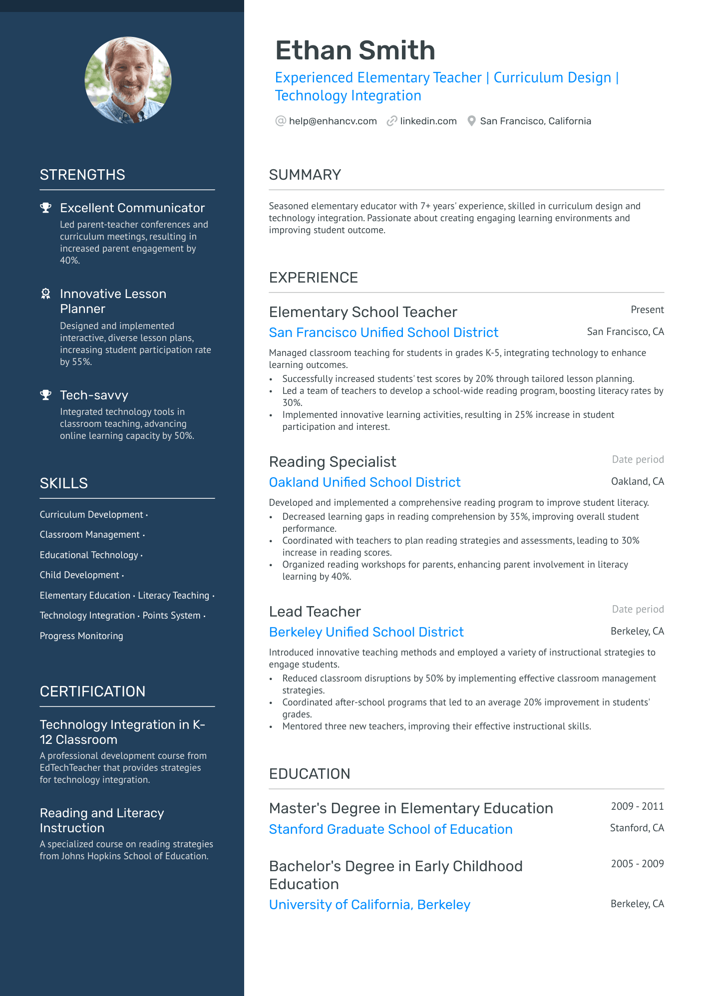 sample of teacher resume for elementary