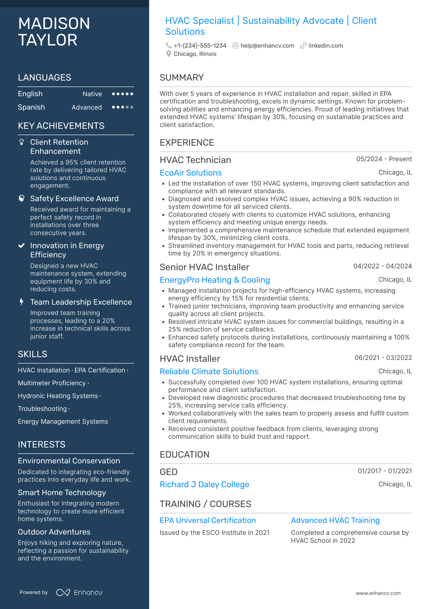 A resume example of a HVAC Contractor
