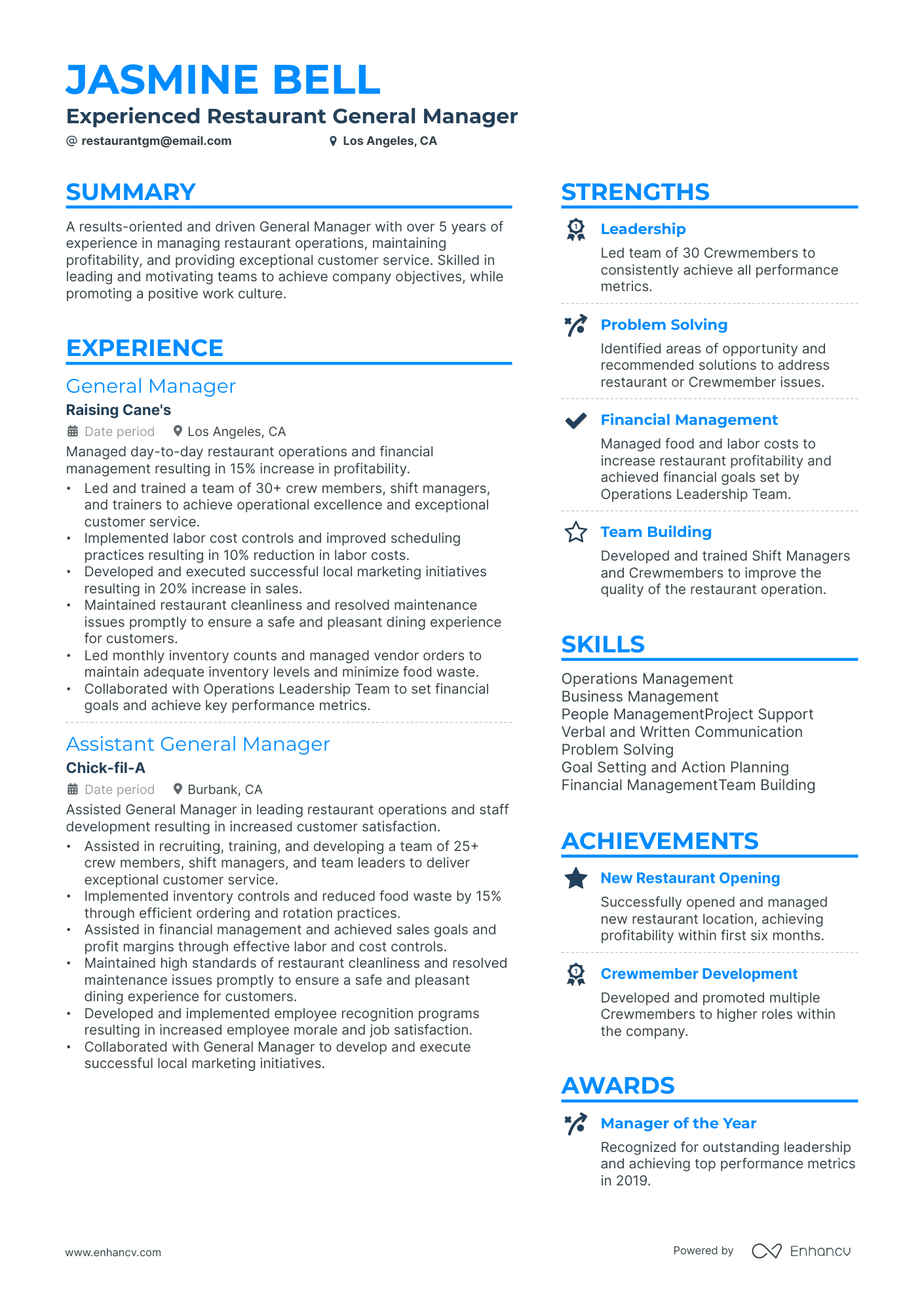 sample resume of restaurant manager