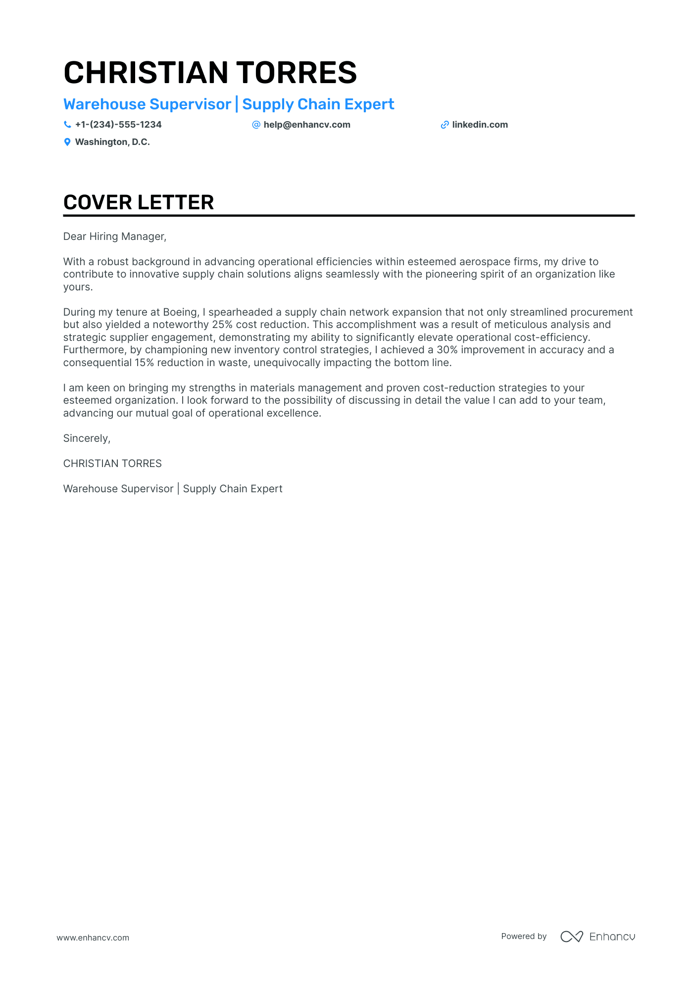 sample cover letter for warehouse work