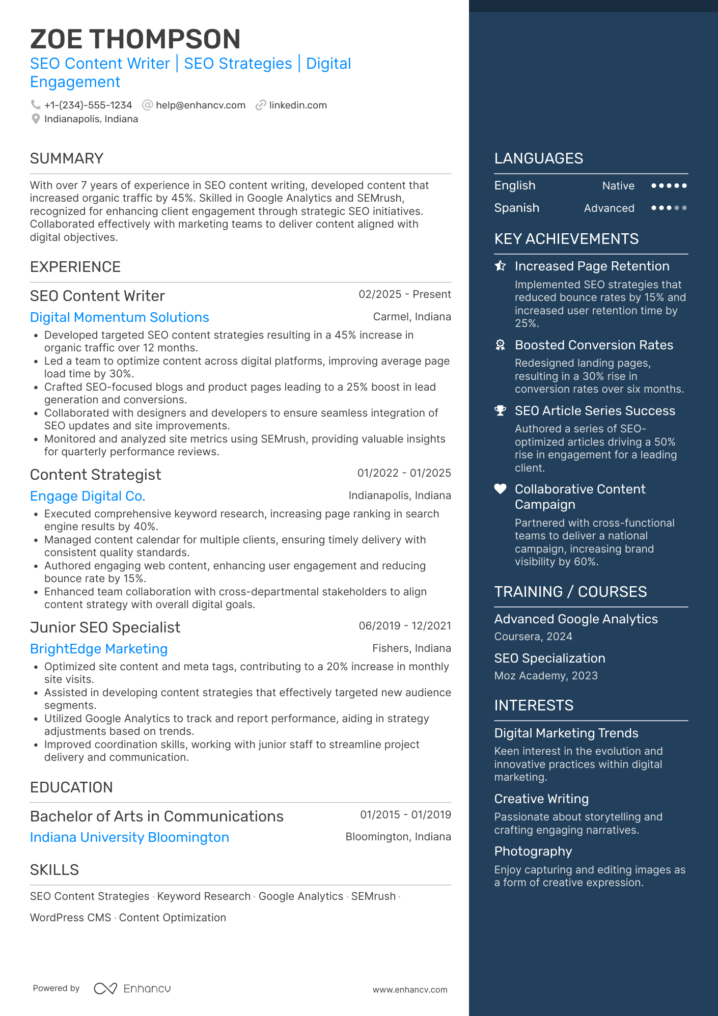 A resume example of a SEO Content Writer
