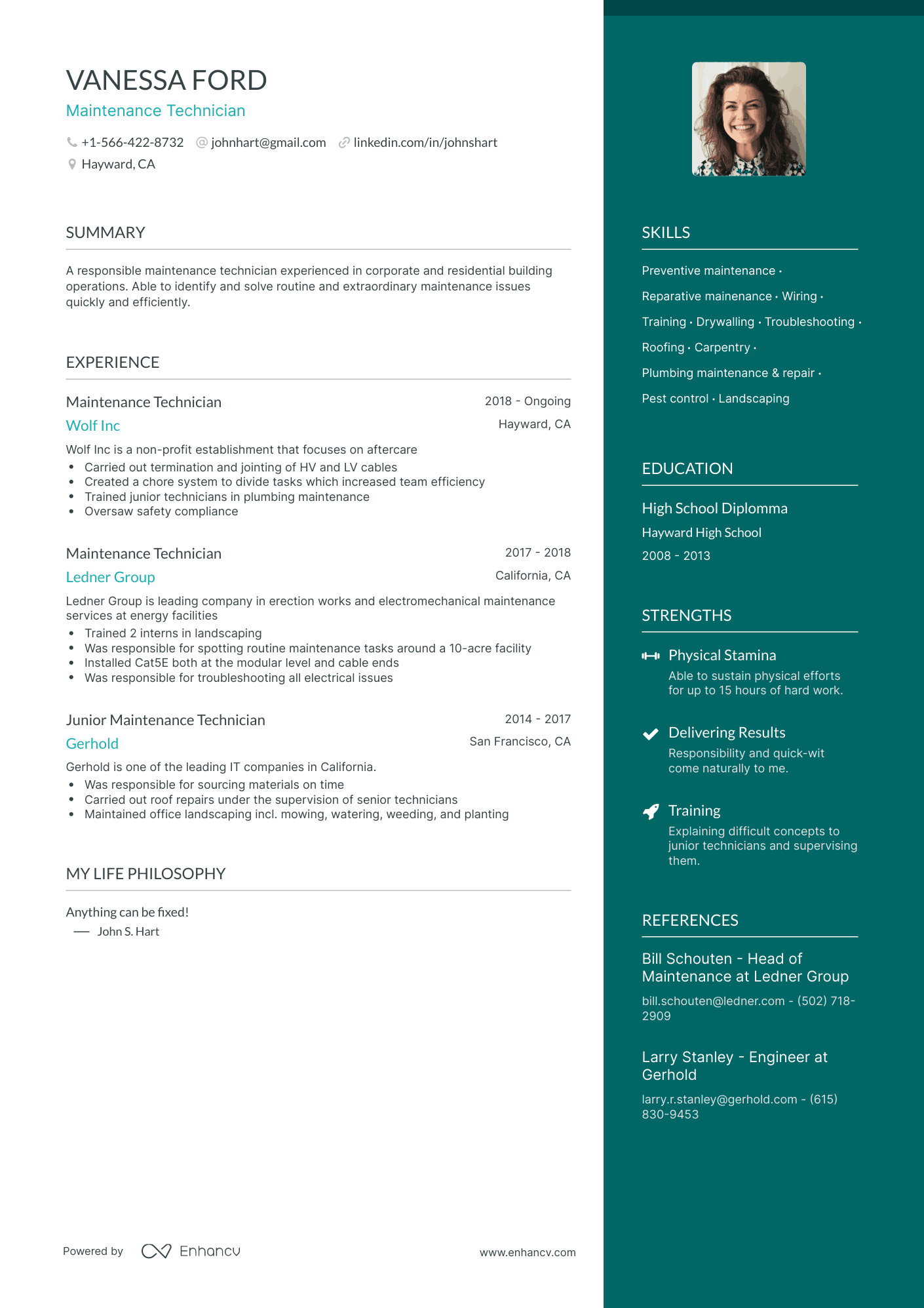 One Page Maintenance Technician Resume Template