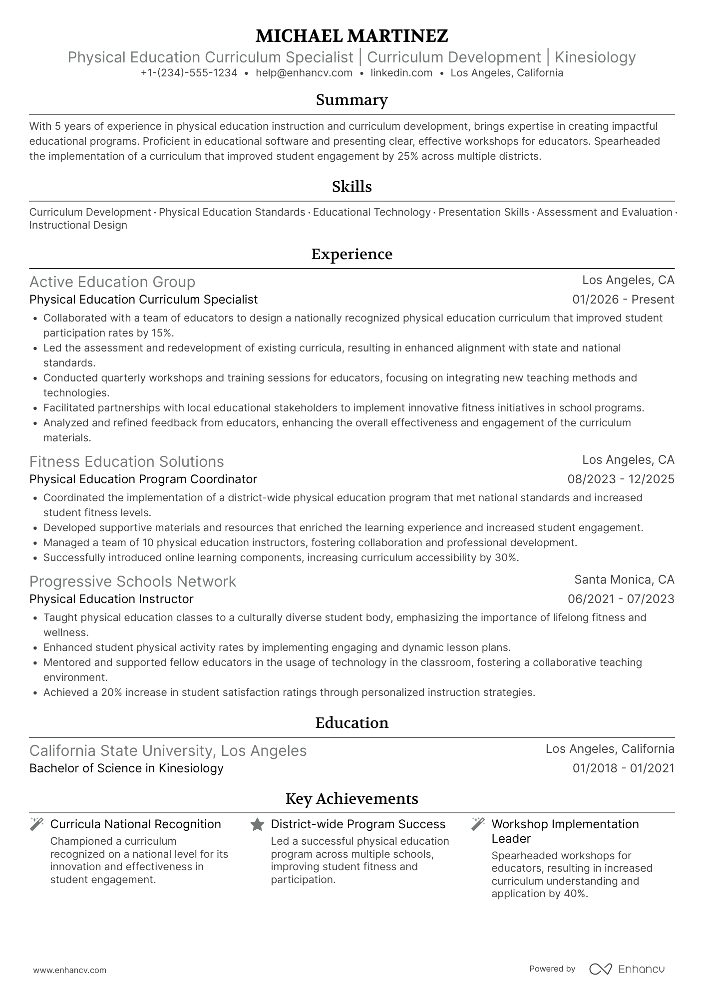 A resume example of a Physical Education Curriculum Specialist