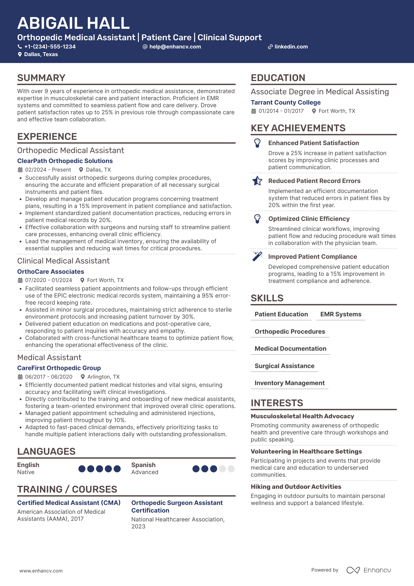 A resume example of a Orthopedic Medical Assistant