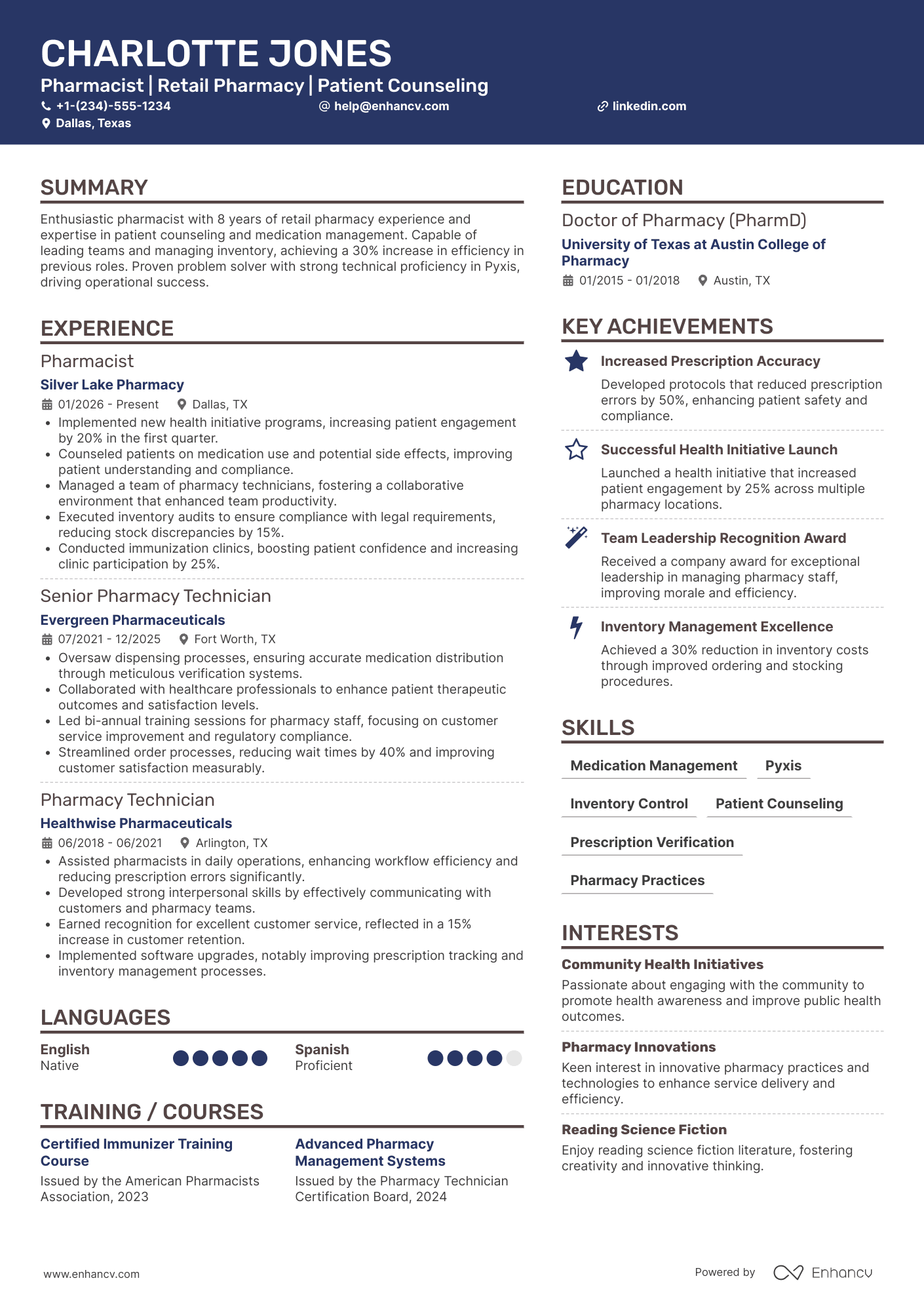A resume example of a Walmart Pharmacist