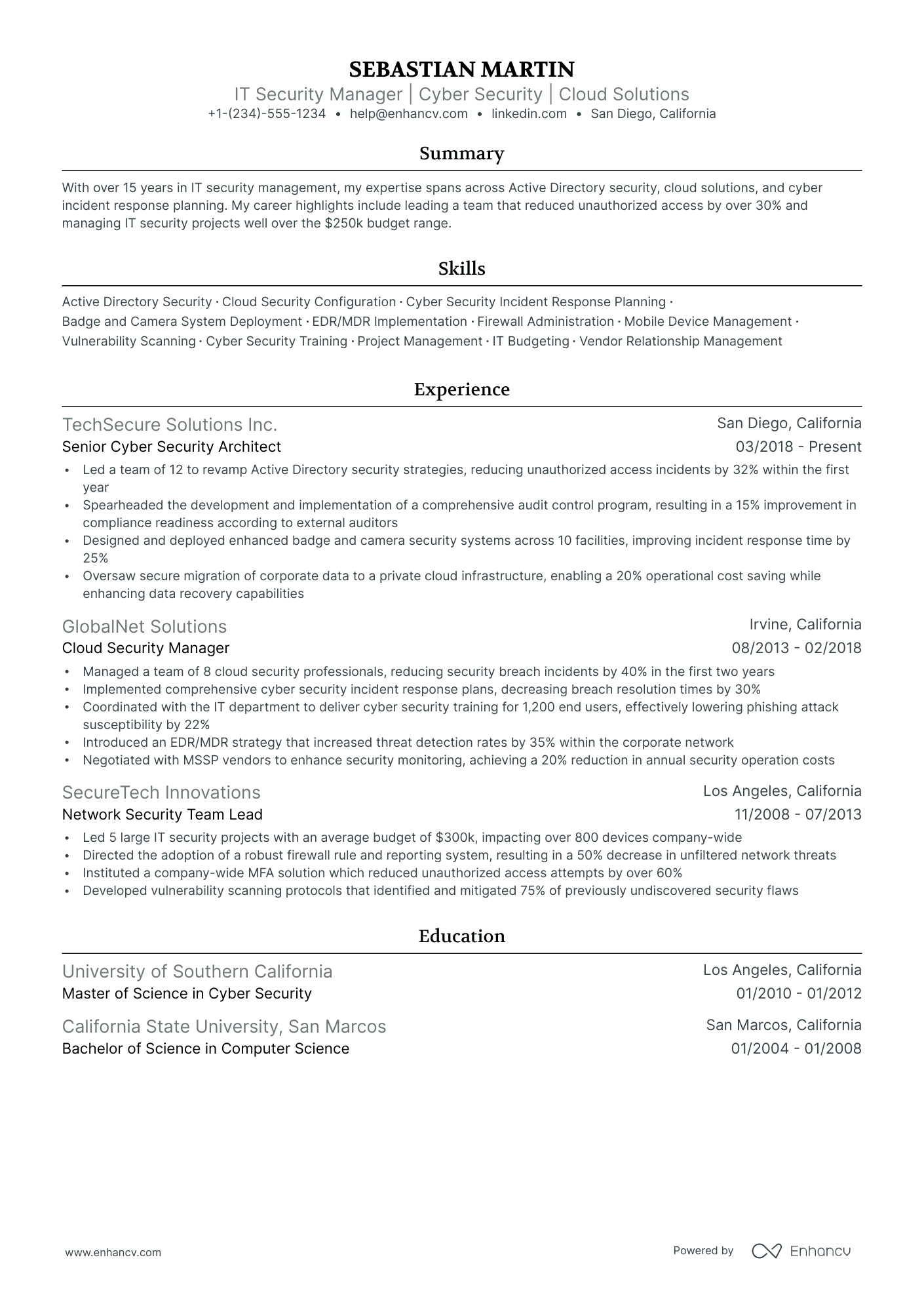 cyber security project manager sample resume