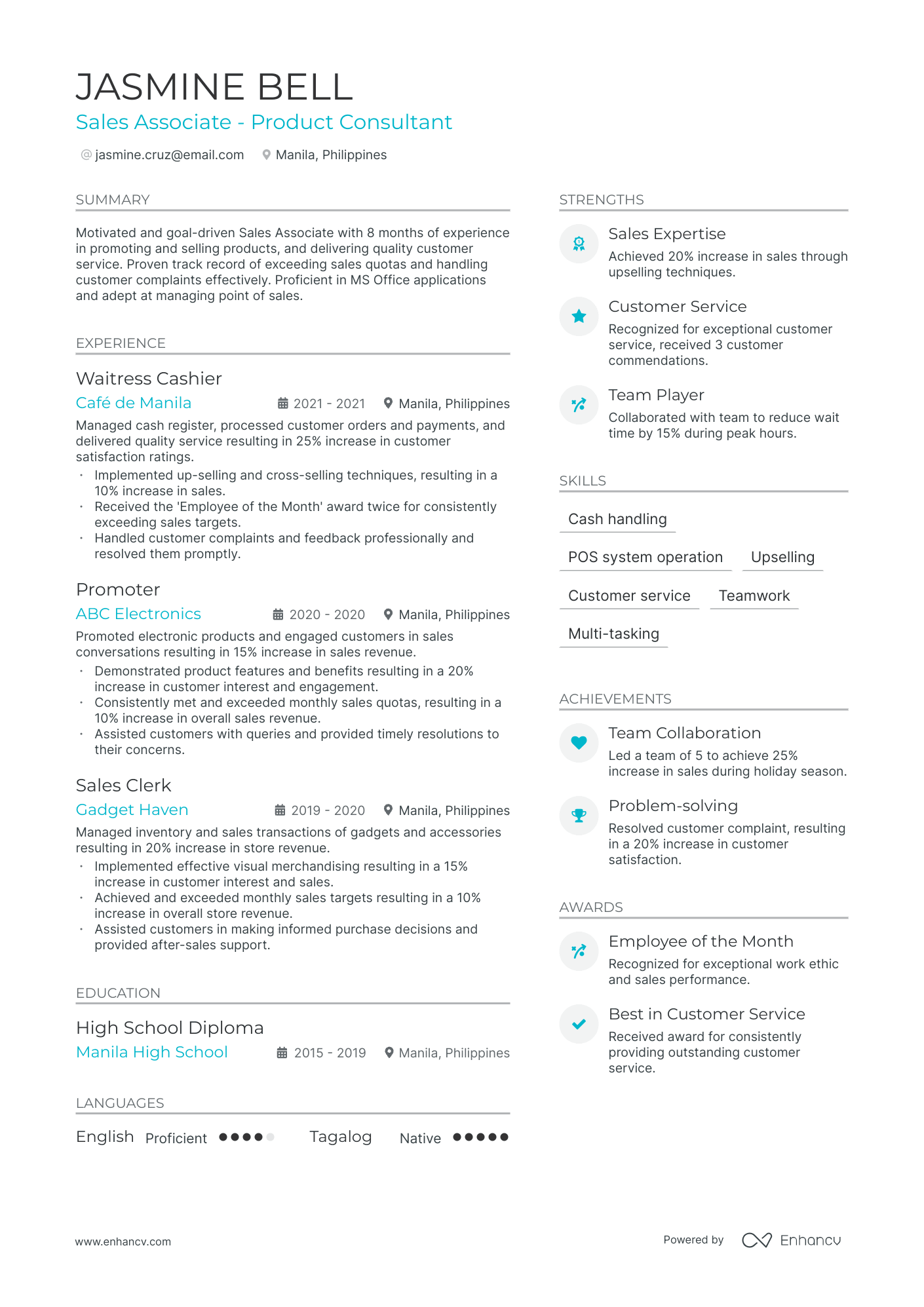 A resume example of a Waitress Cashier