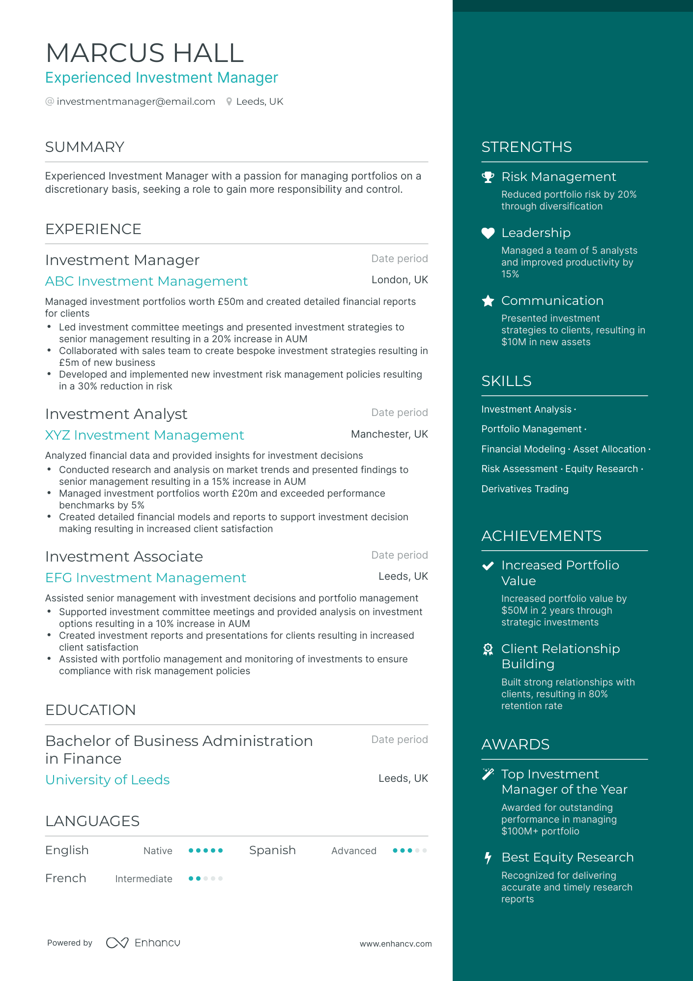 One Page Investment Manager Resume Template