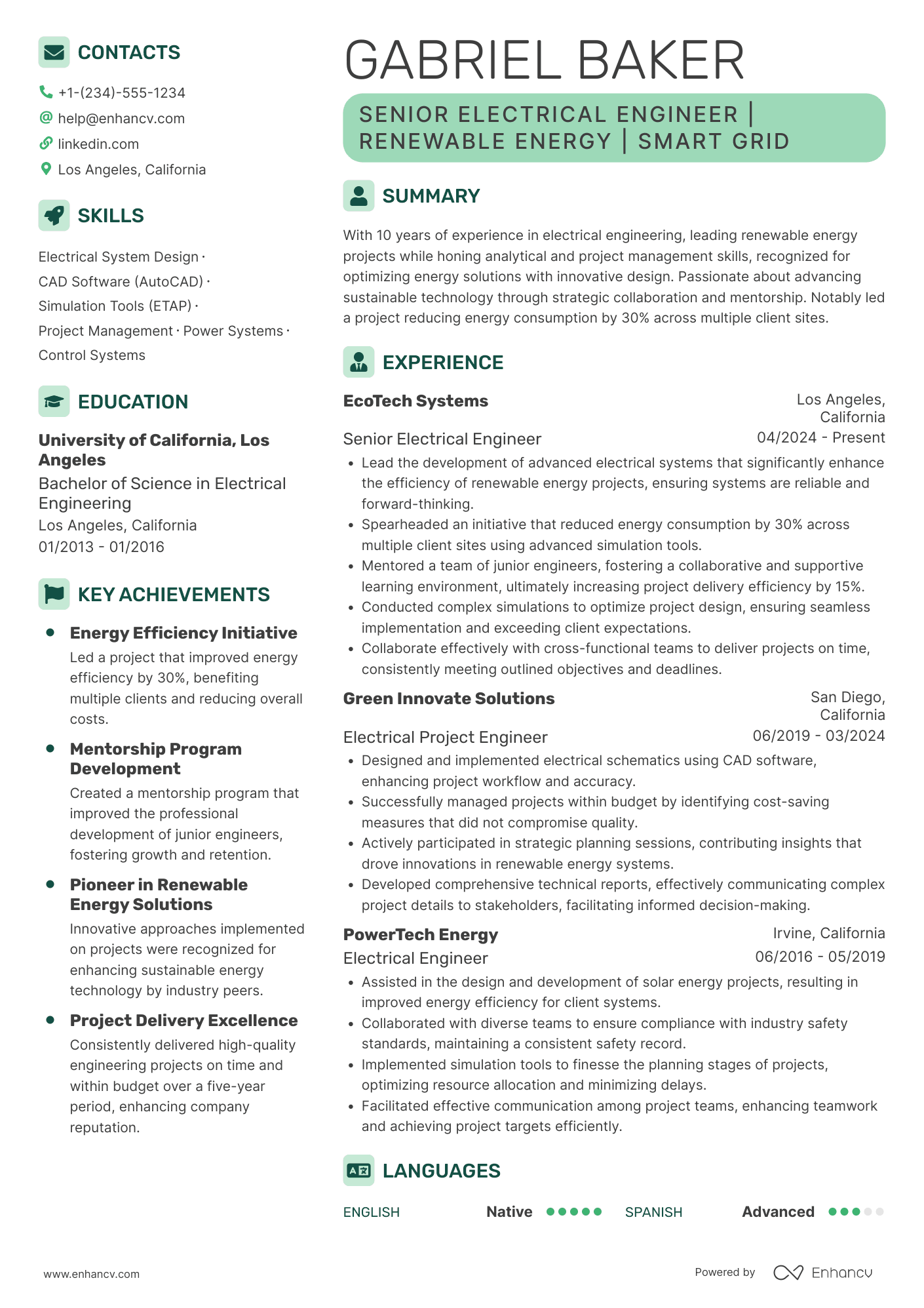 A resume example of a Senior Electrical Engineer
