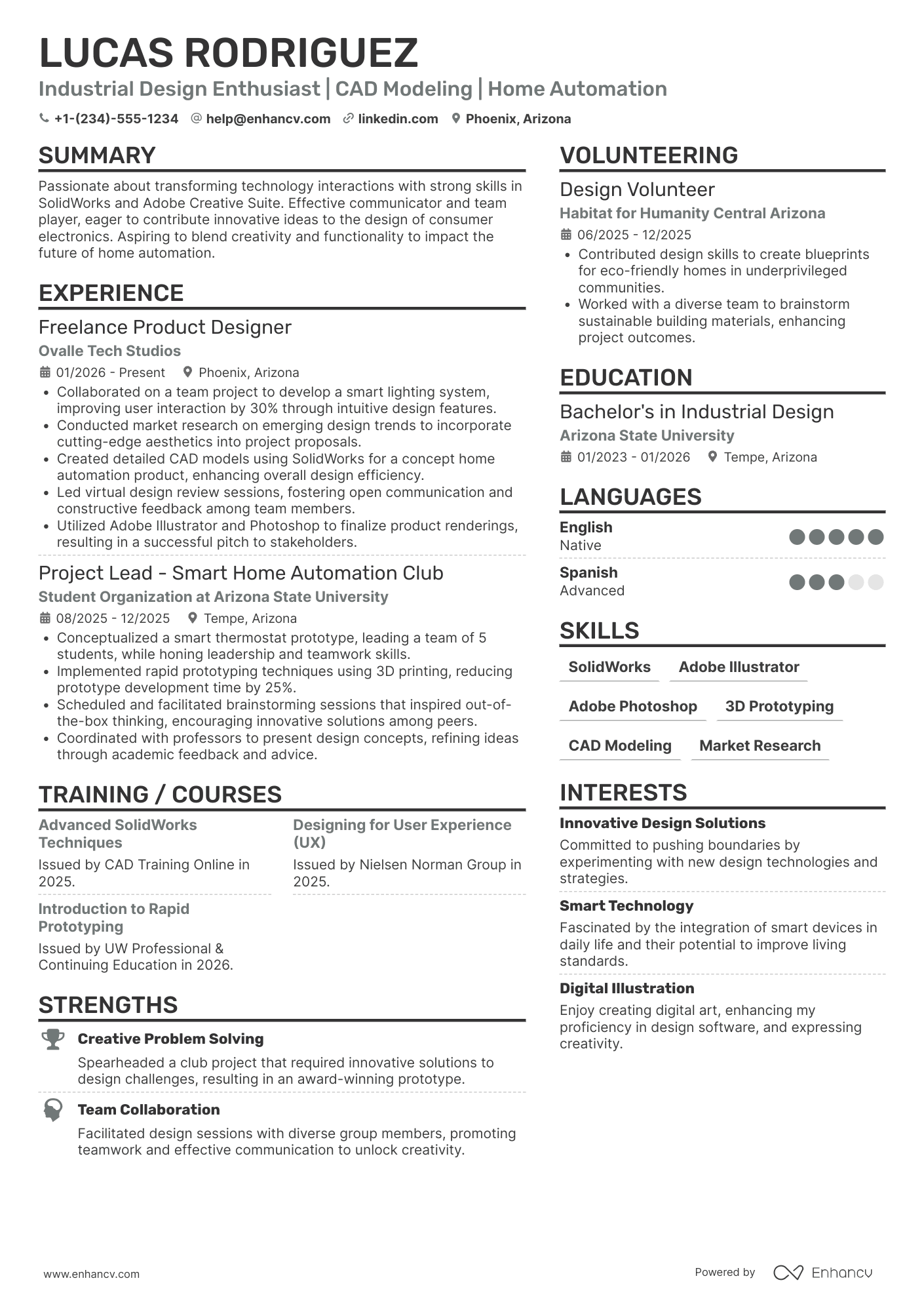 A resume example of a Industrial Design Intern