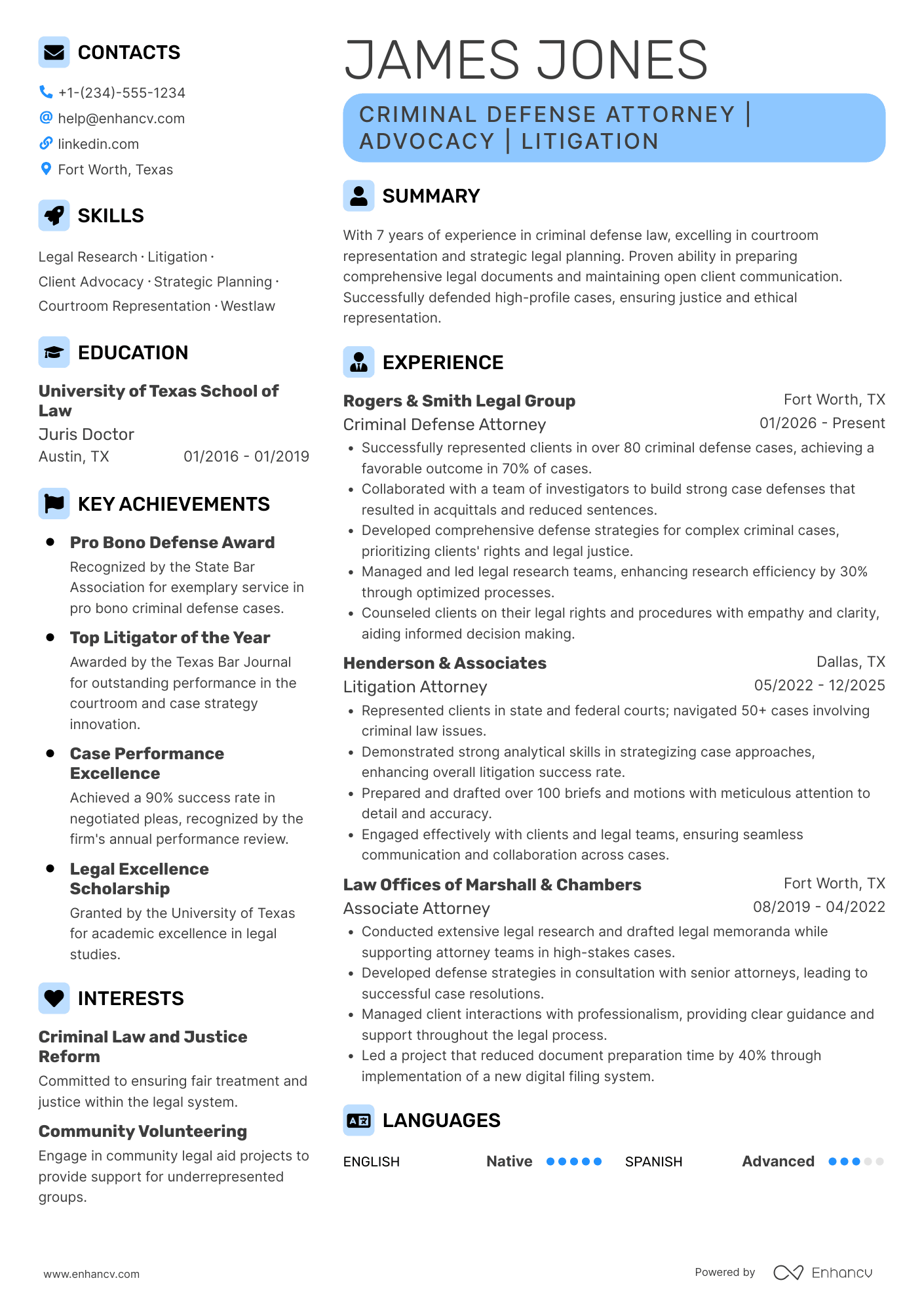 A resume example of a Criminal Defense Attorney