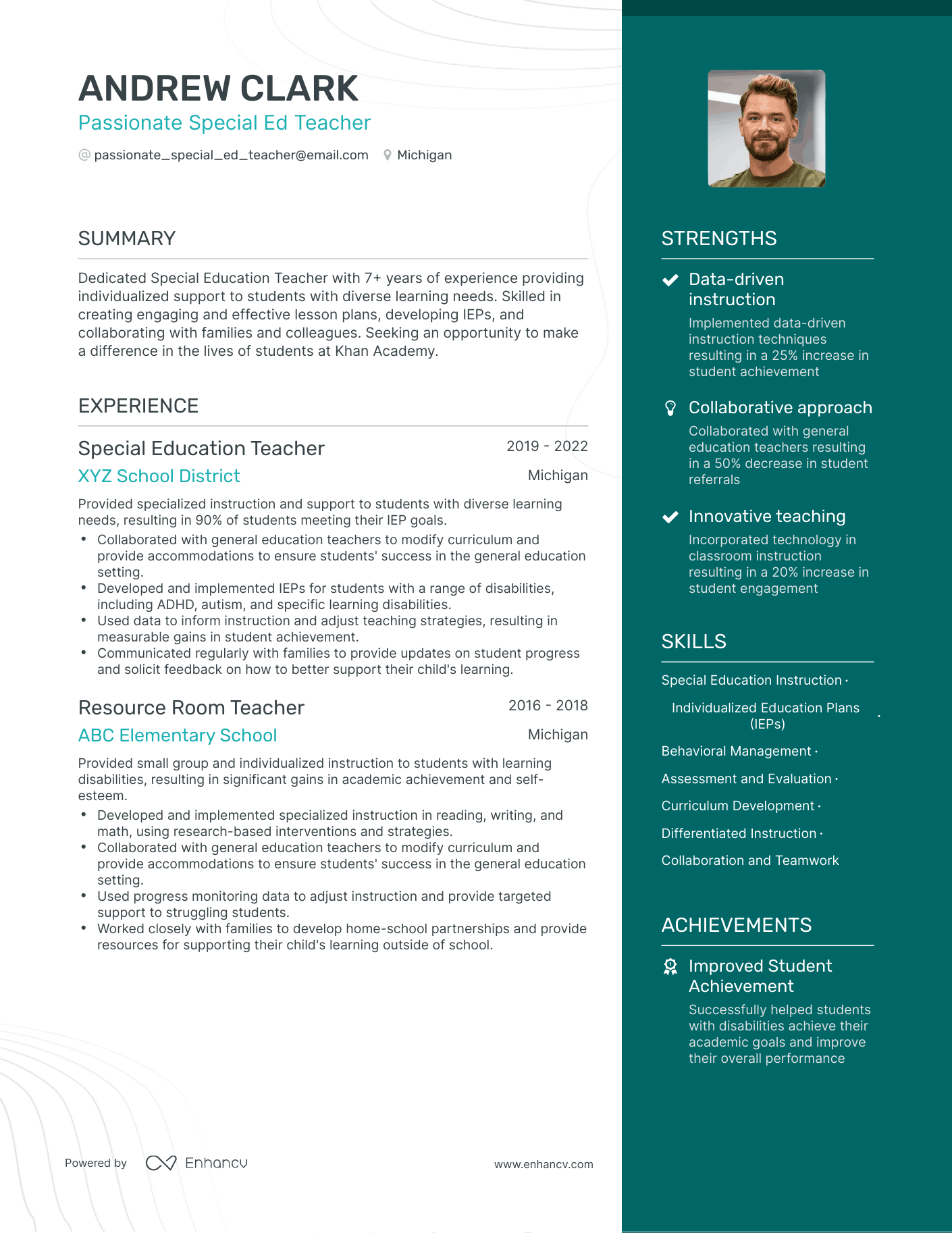One Page Special Ed Teacher Resume Template