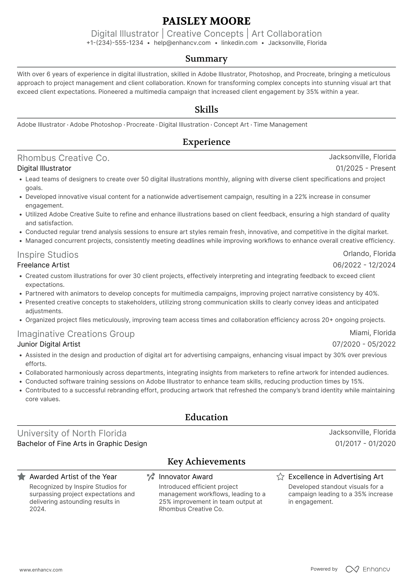 A resume example of a Freelance Artist