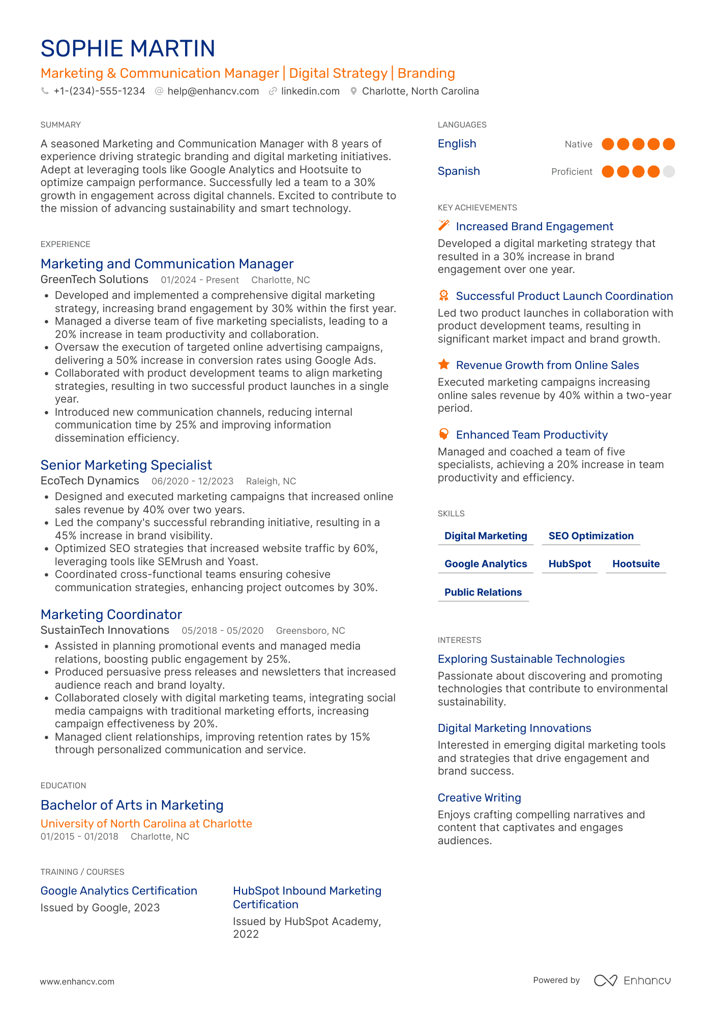 A resume example of a Marketing and Communication Manager