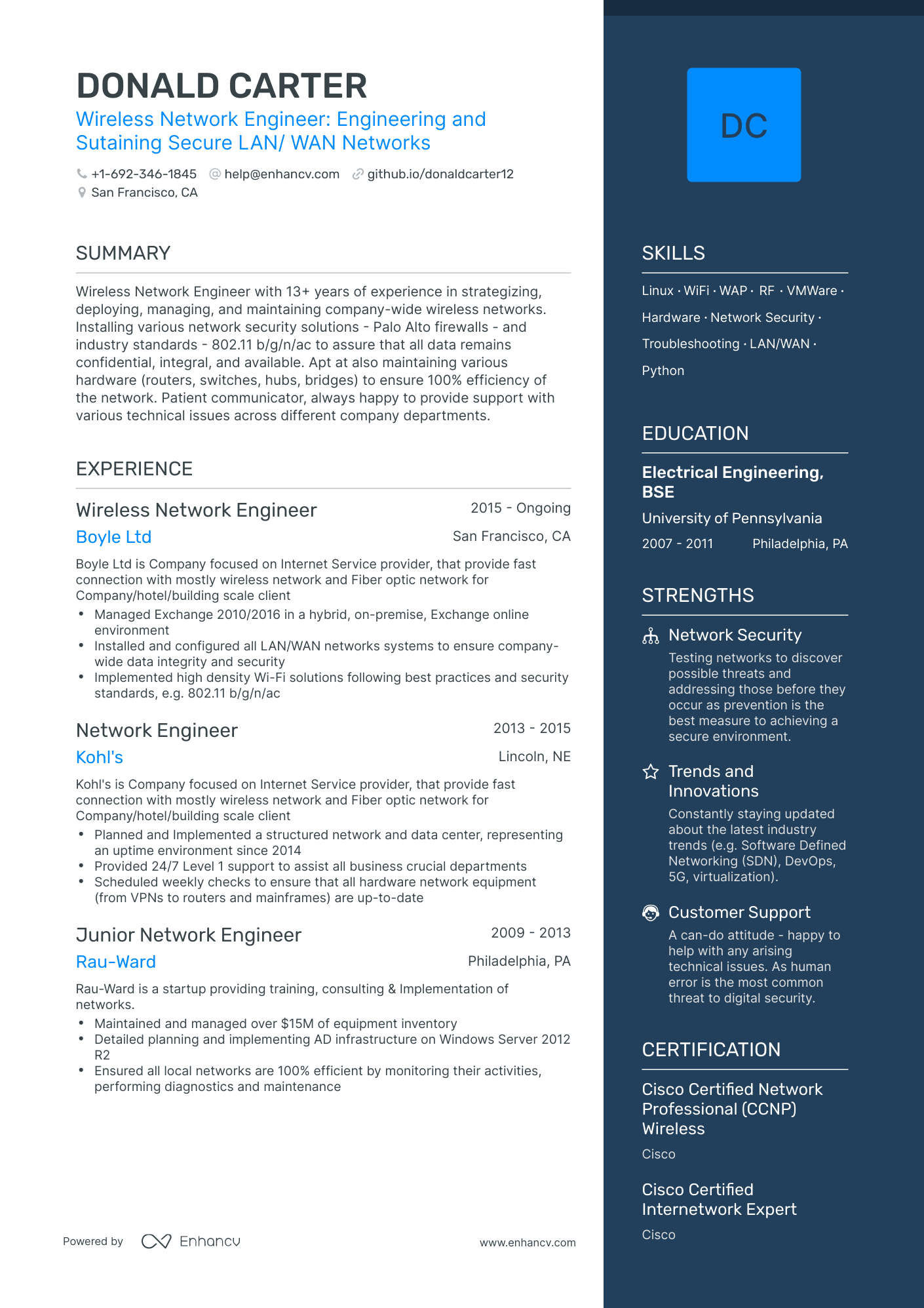One Page Wireless Network Engineer Resume Template