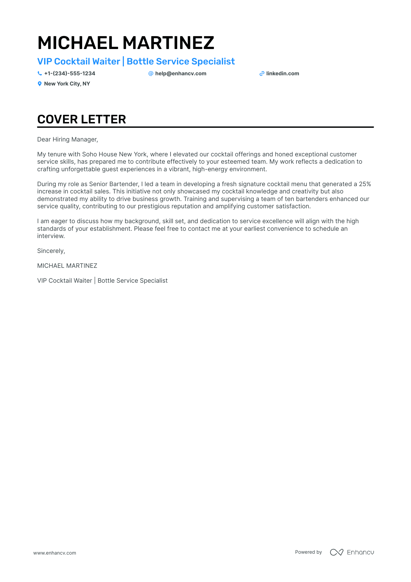 example of a cover letter for waiter
