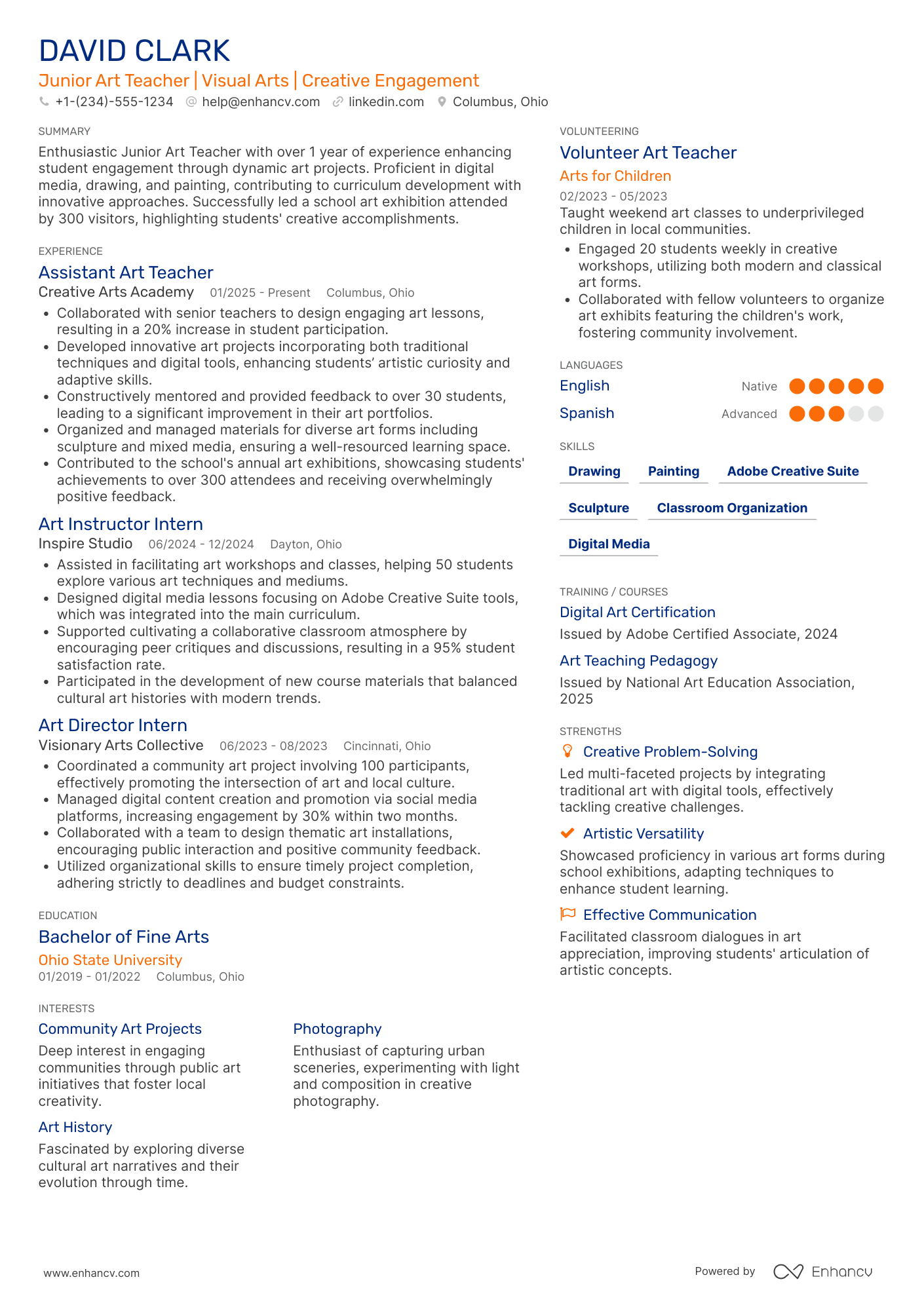 A resume example of a Junior Art Teacher