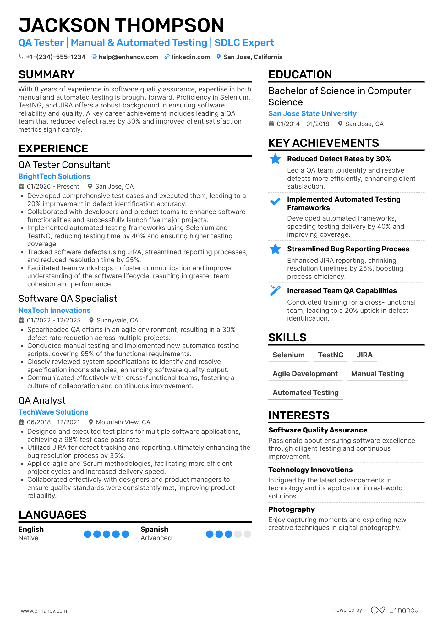 A resume example of a QA Tester Consultant