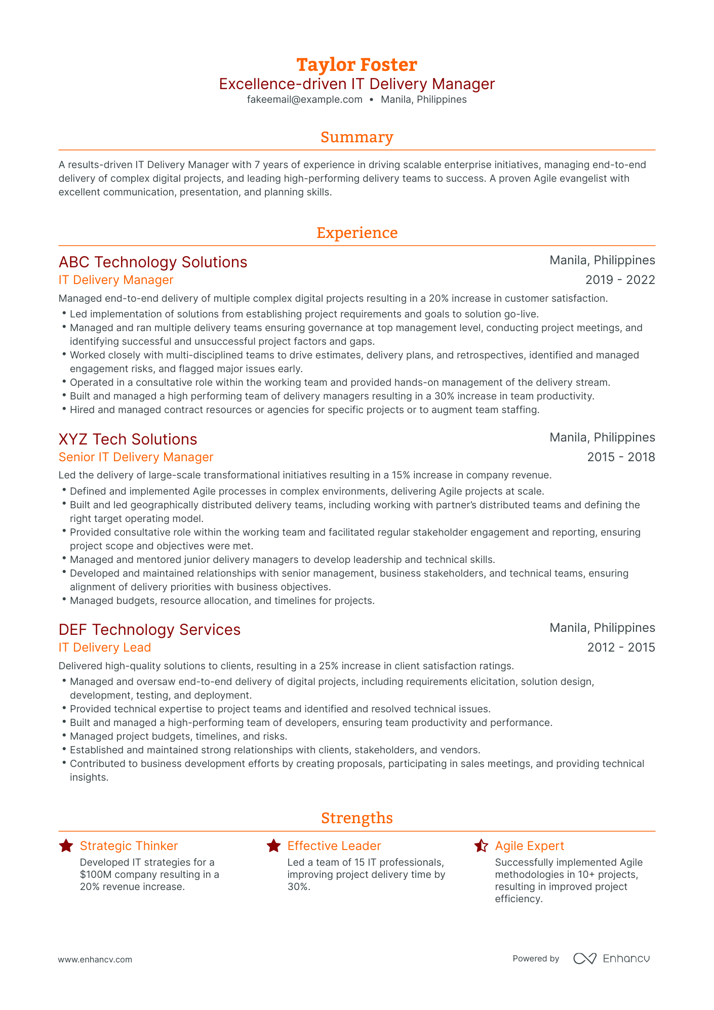 Traditional IT Delivery Manager Resume Template