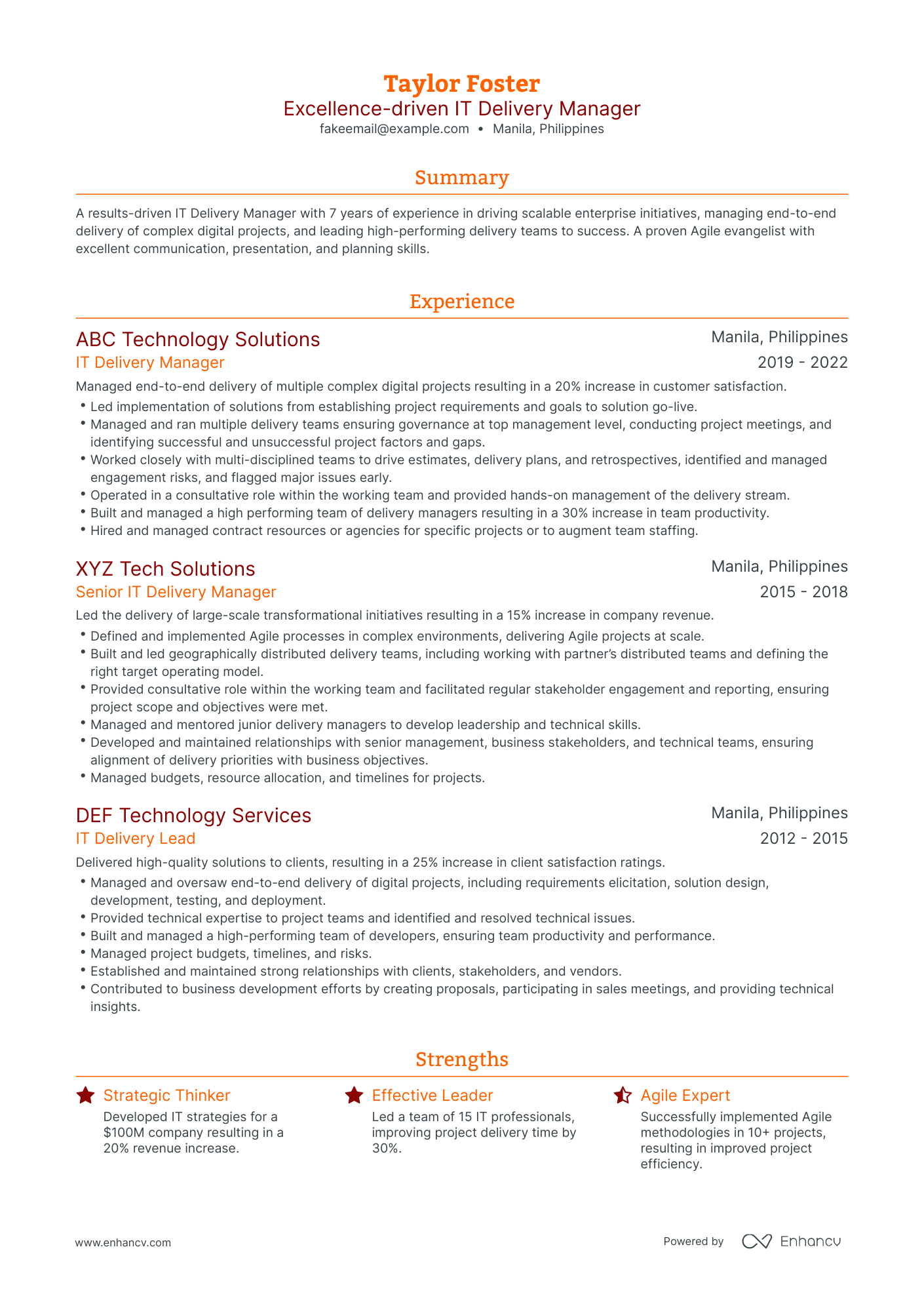 sample resume for it delivery manager