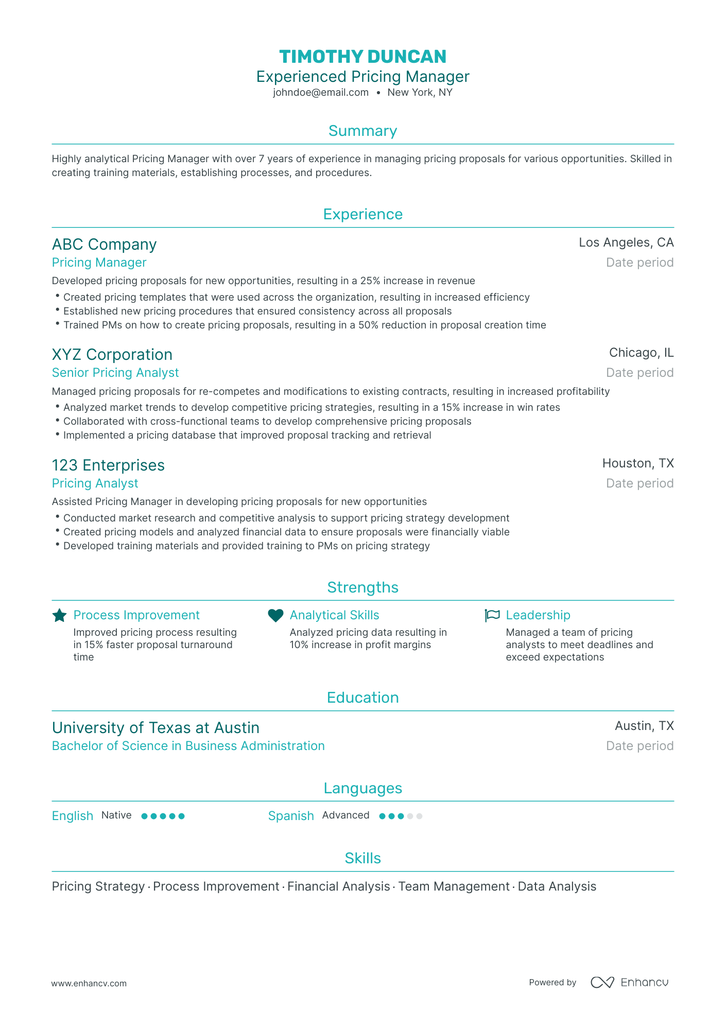 Traditional Pricing Manager Resume Template