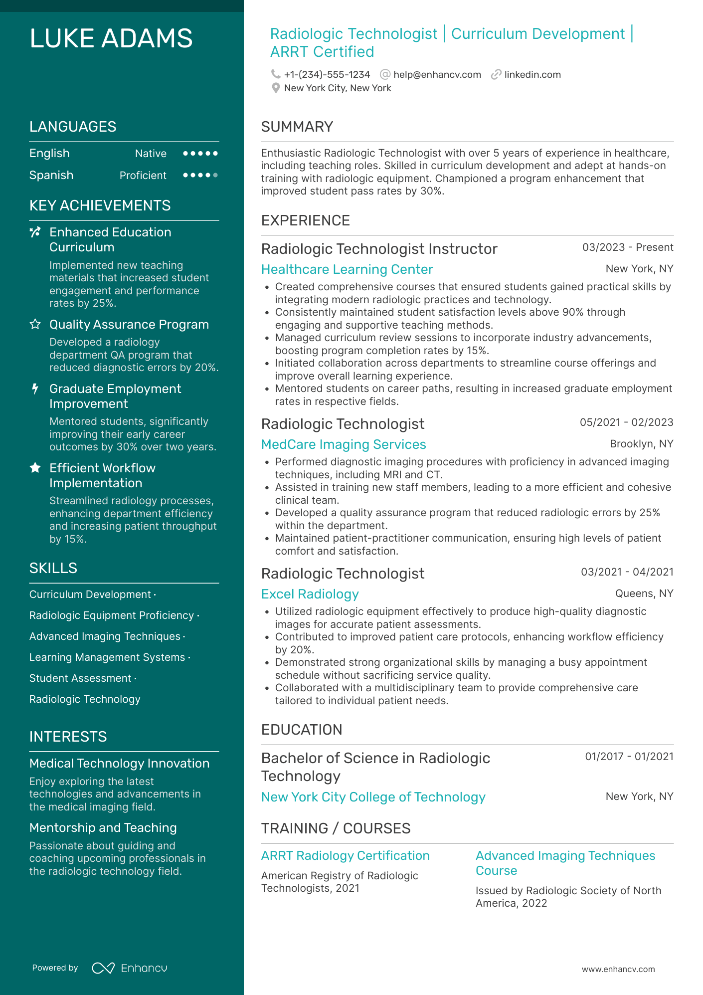 A resume example of a Radiologic Technologist Instructor