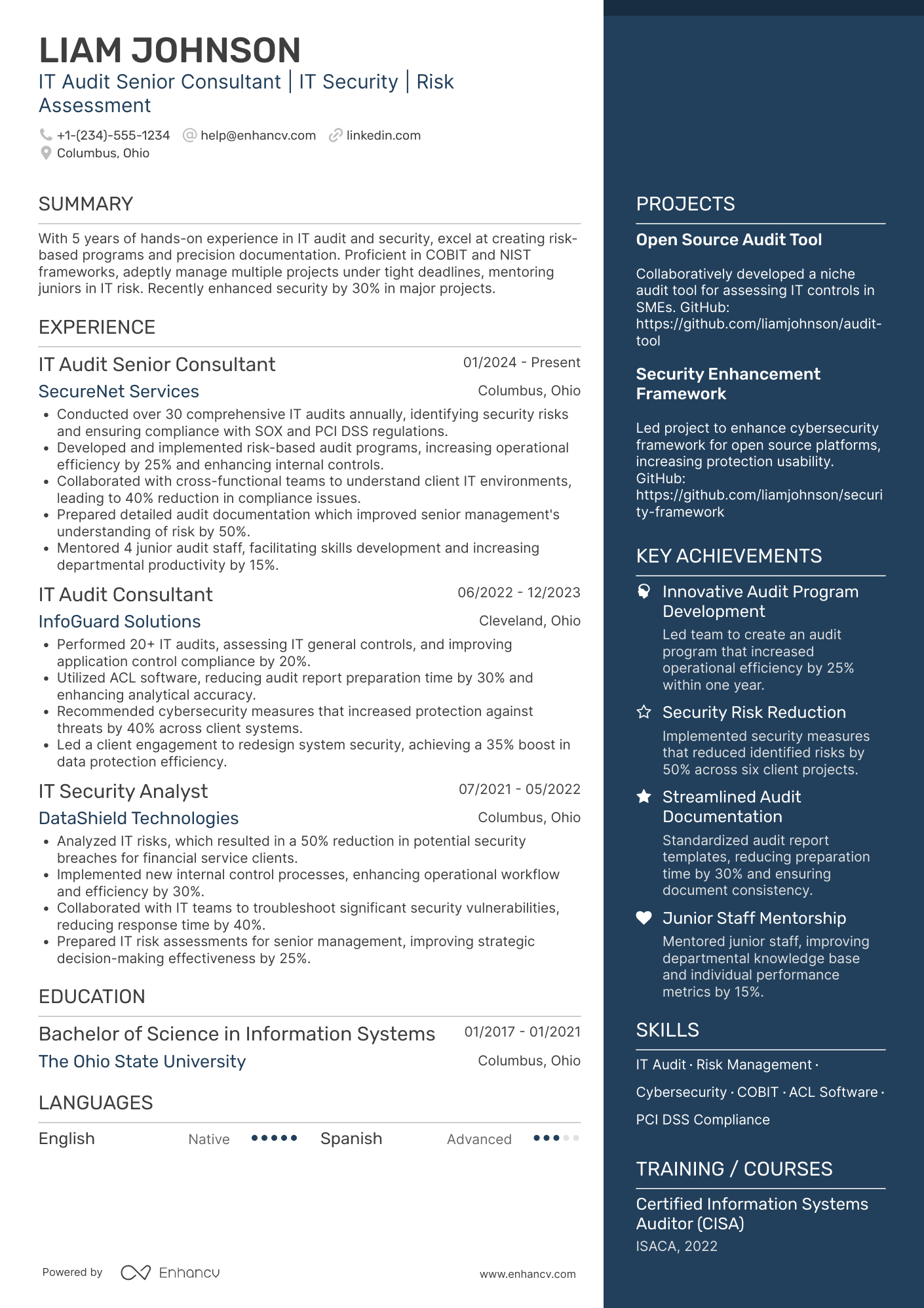 A resume example of a IT Audit Senior Consultant