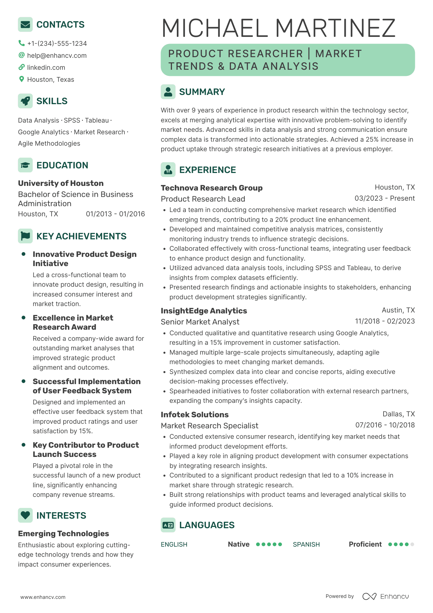 A resume example of a Product Researcher