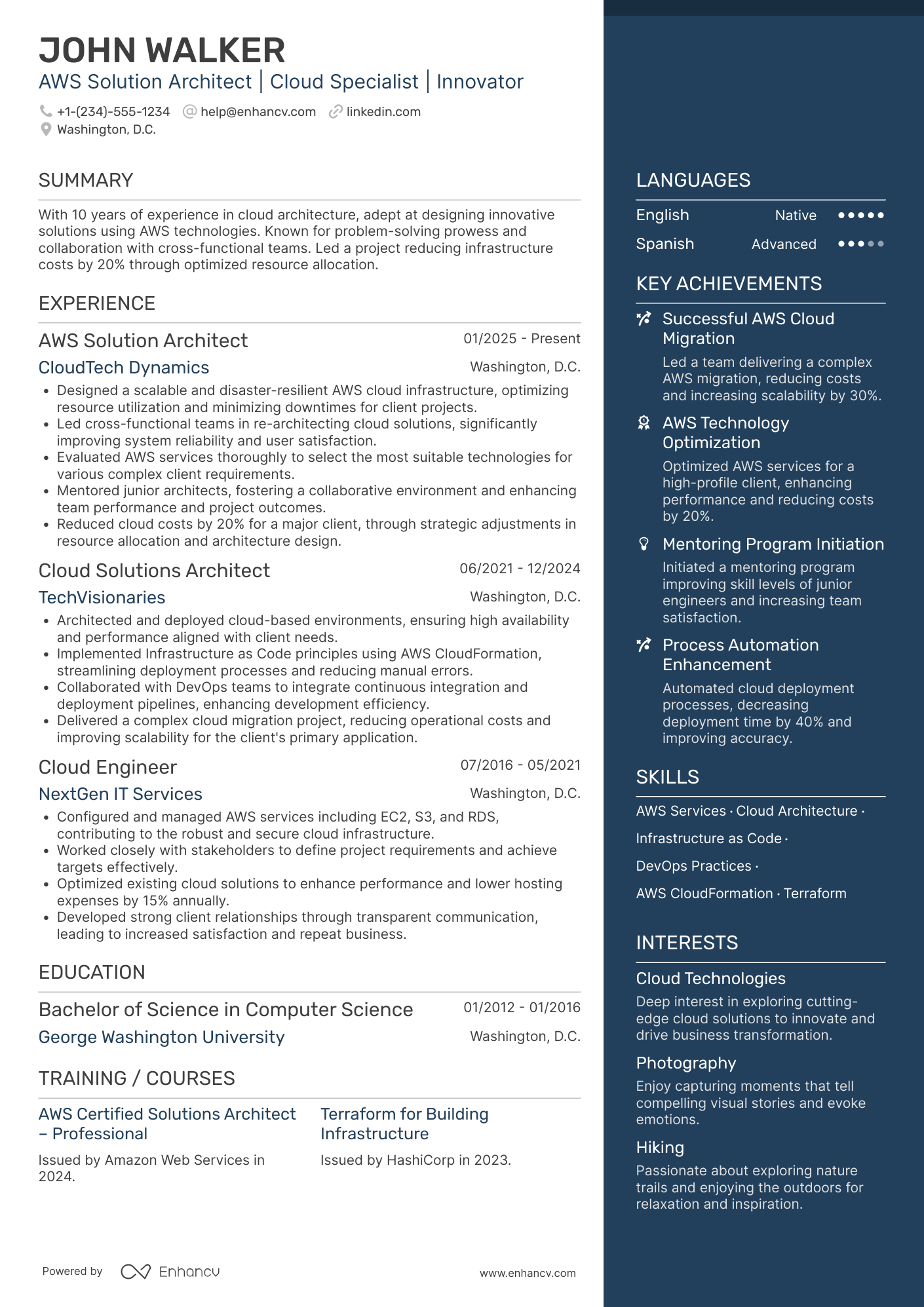 A resume example of a Amazon Web Services Solution Architect