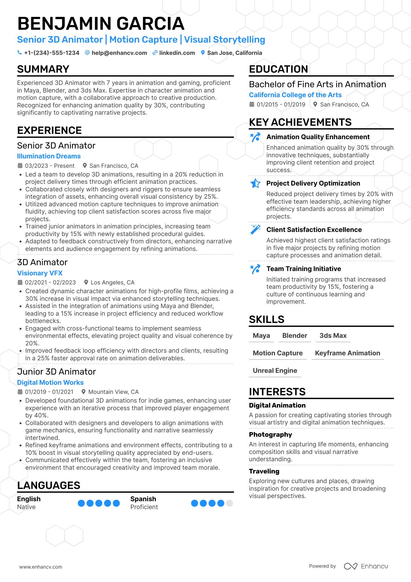 A resume example of a 3D Animator