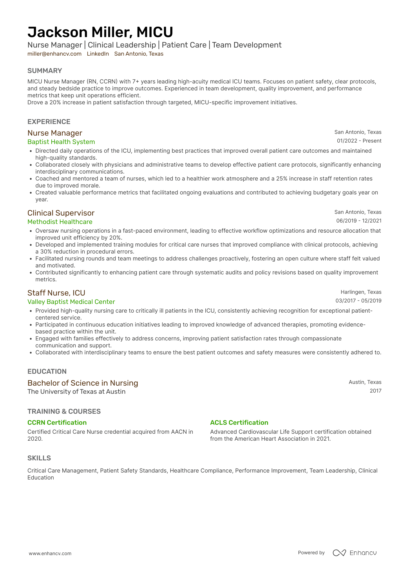 A resume example of a Nurse Manager