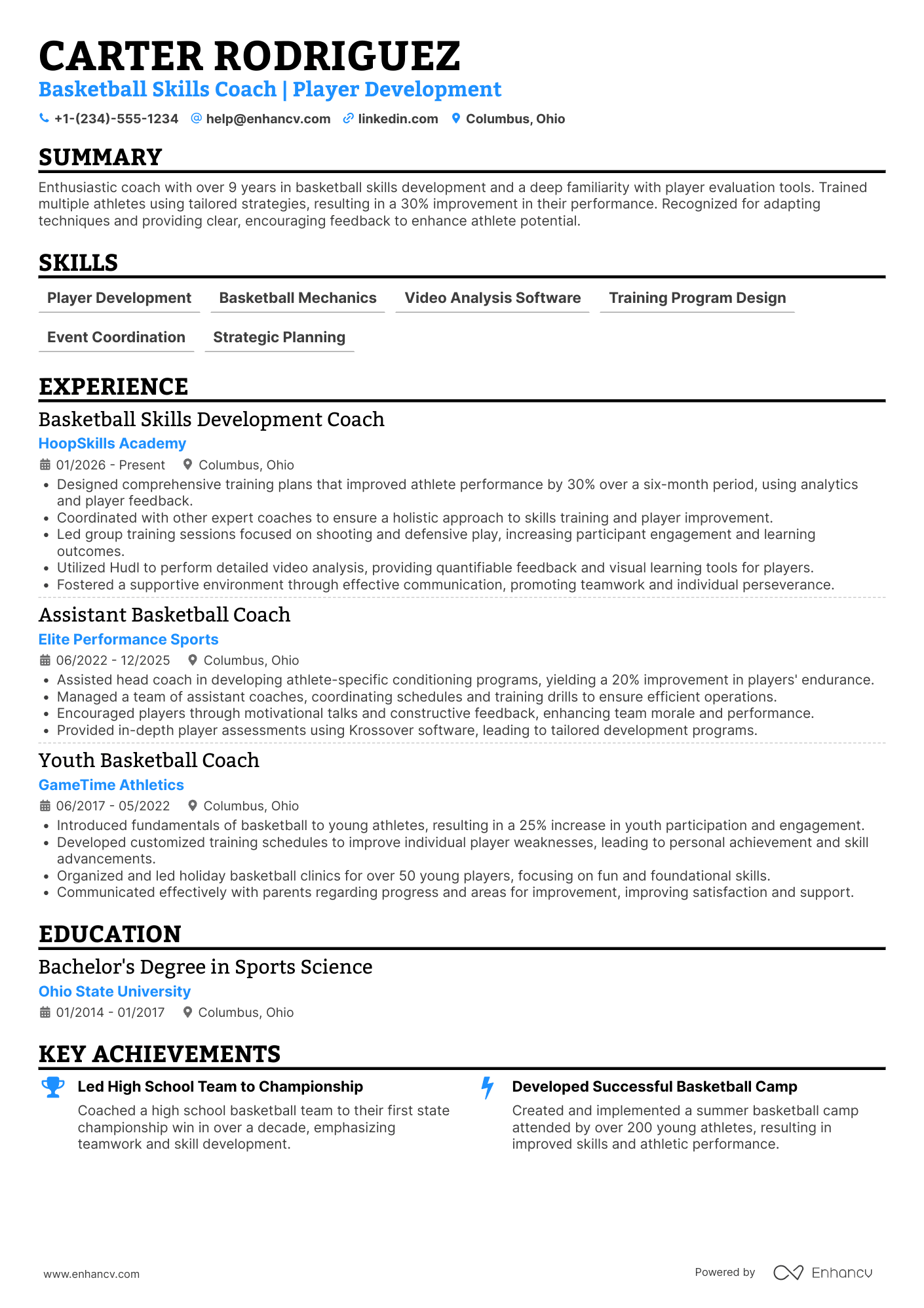 A resume example of a Basketball Skills Development Coach